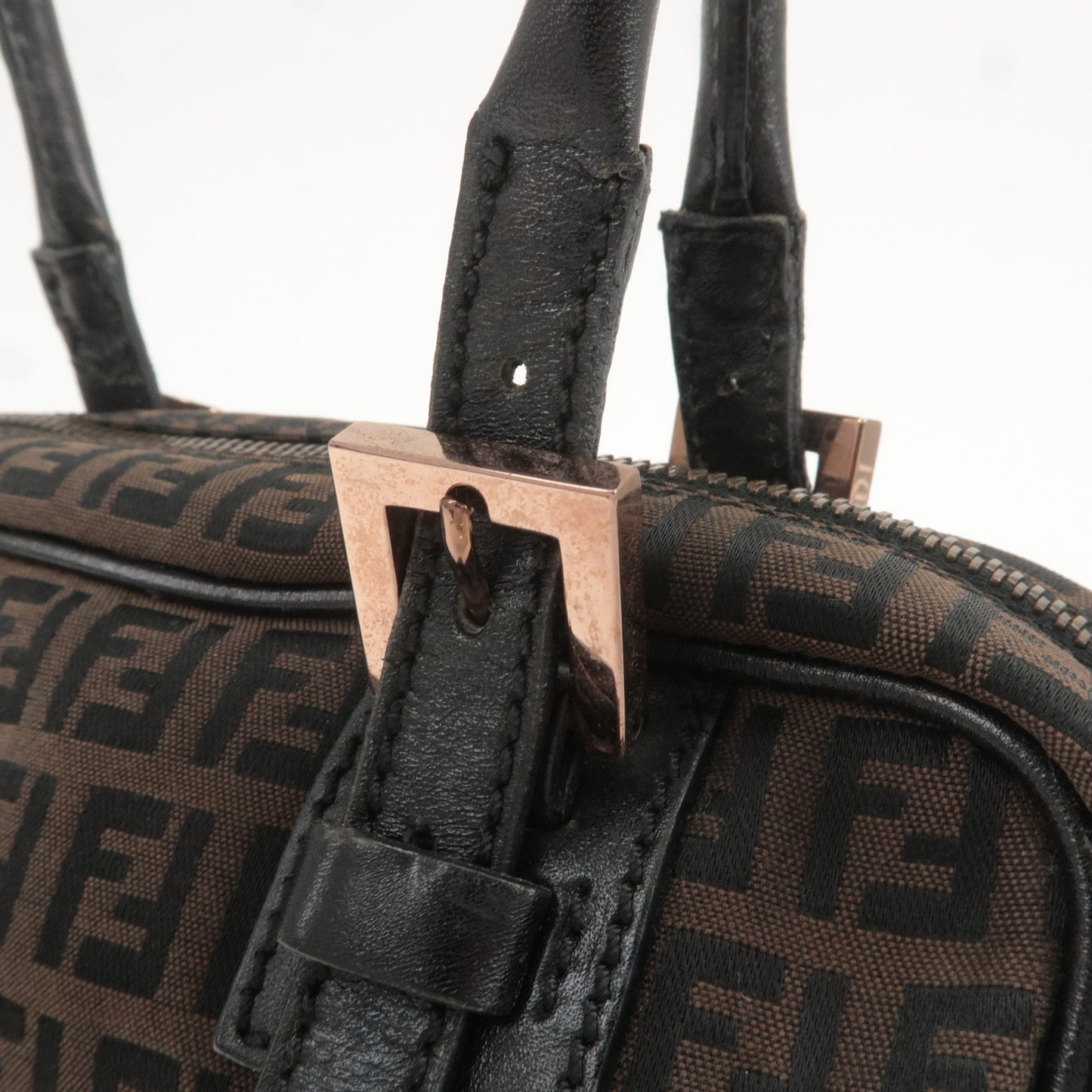 FENDI Zucchino Canvas Leather Small Hand Bag Brown Black 8BN004
