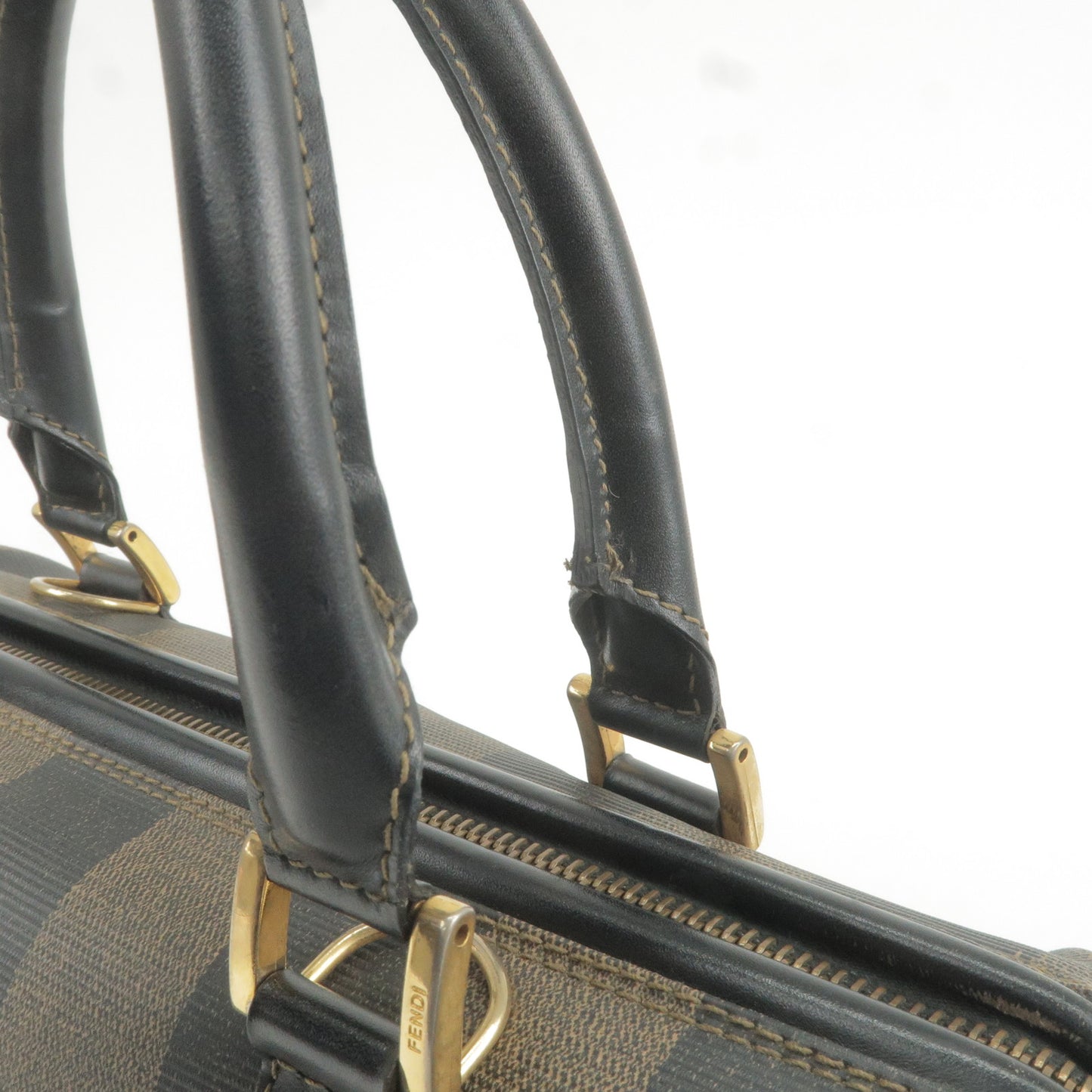 FENDI Pequin PVC Leather Boston Bag Hand Bag Khaki Black 259022