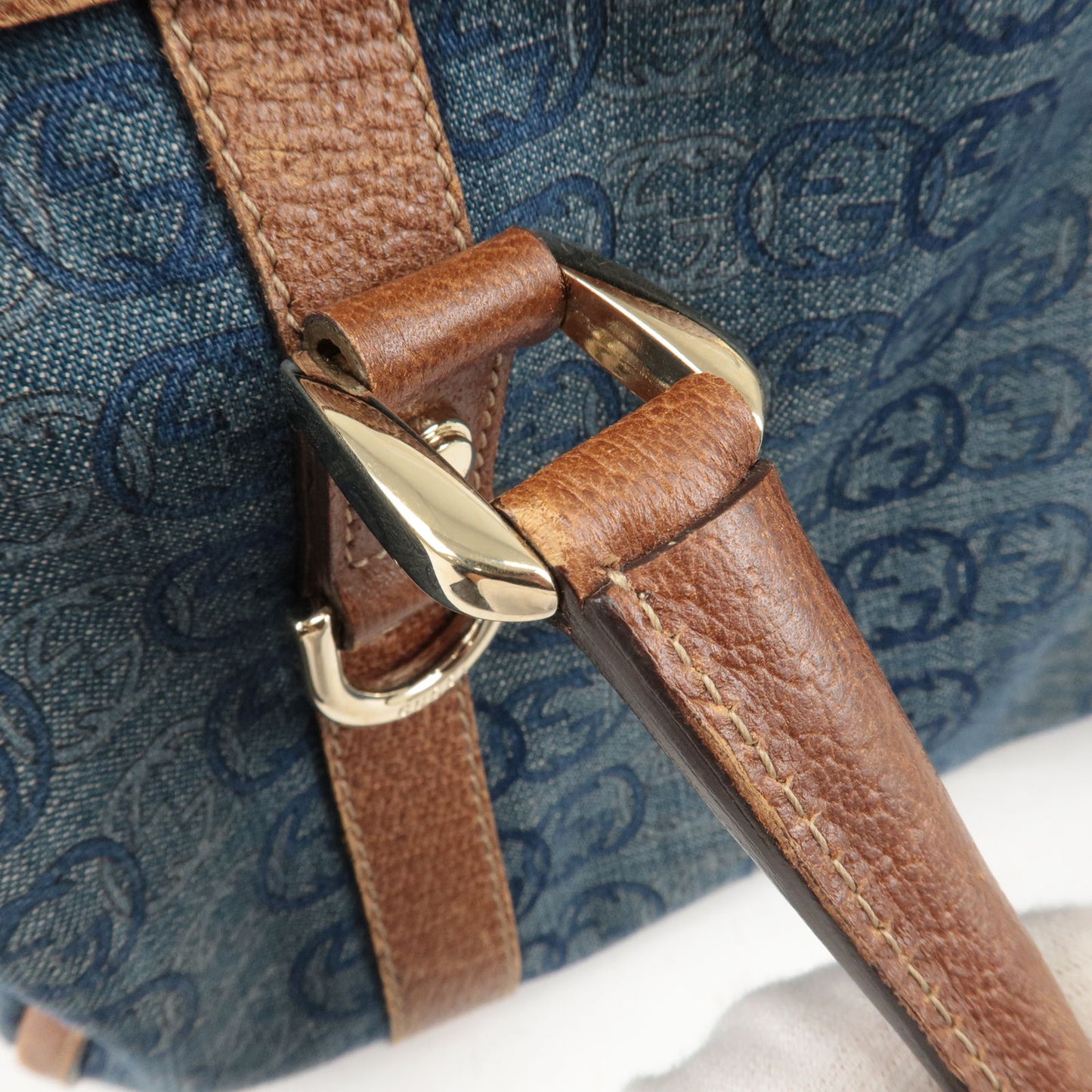 GUCCI Abbey Denim Leather Hand Bag Boston Bag Blue 130942