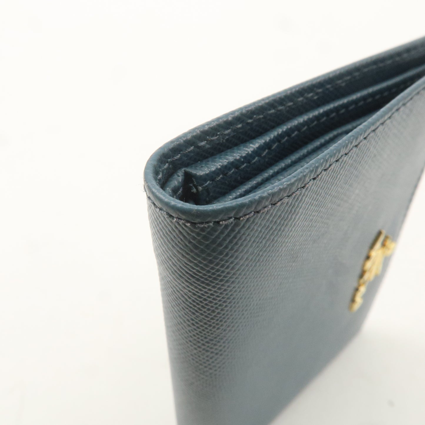PRADA Logo Safiano Leather Folded Bi-Fold Wallet Blue 1MV204