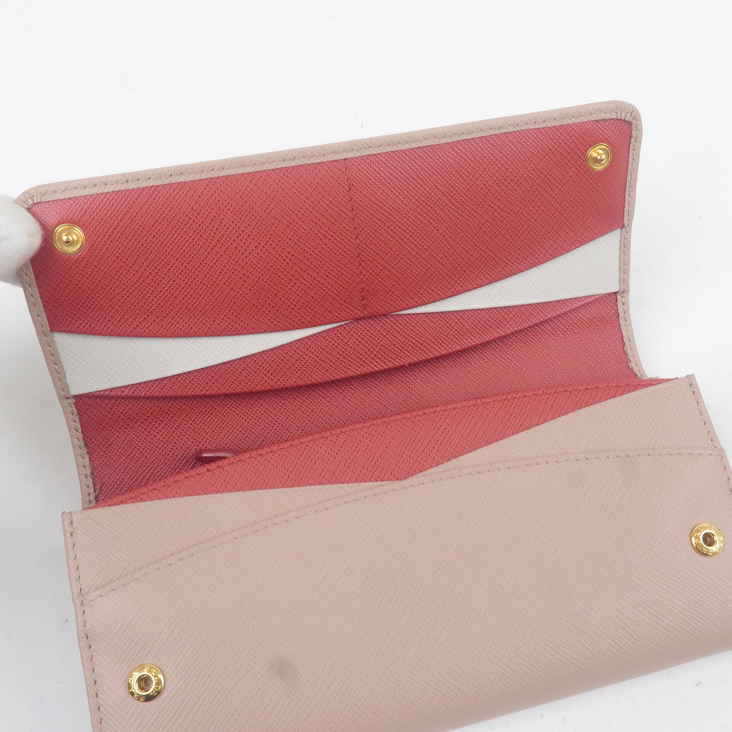 PRADA Leather Bi Fold Long Wallet Beige Red 1MH132