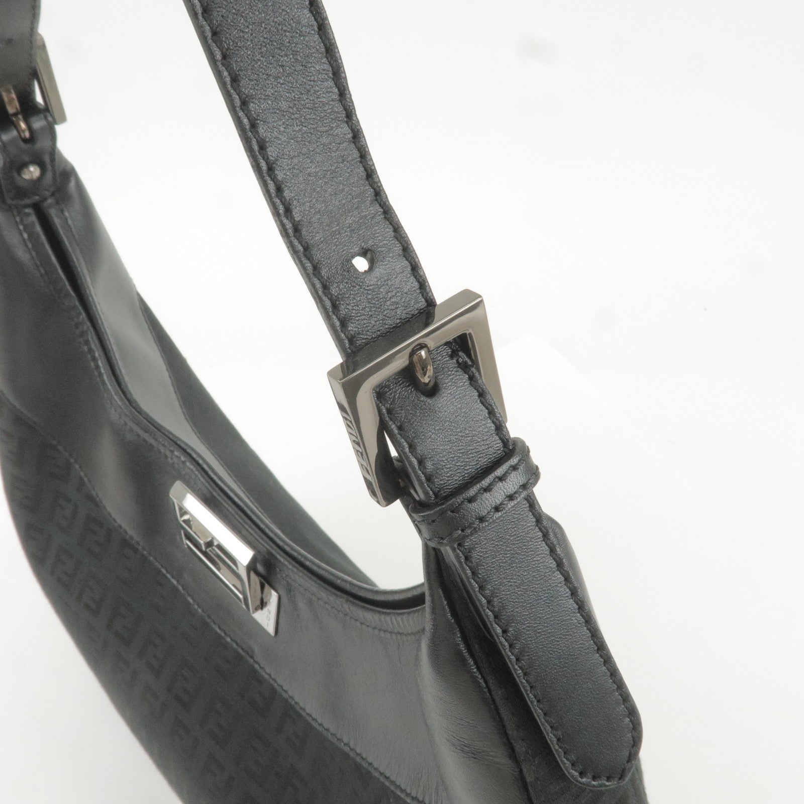 FENDI-Zucchino-Canvas-Leather-Shoulder-Bag-Black-8BR552