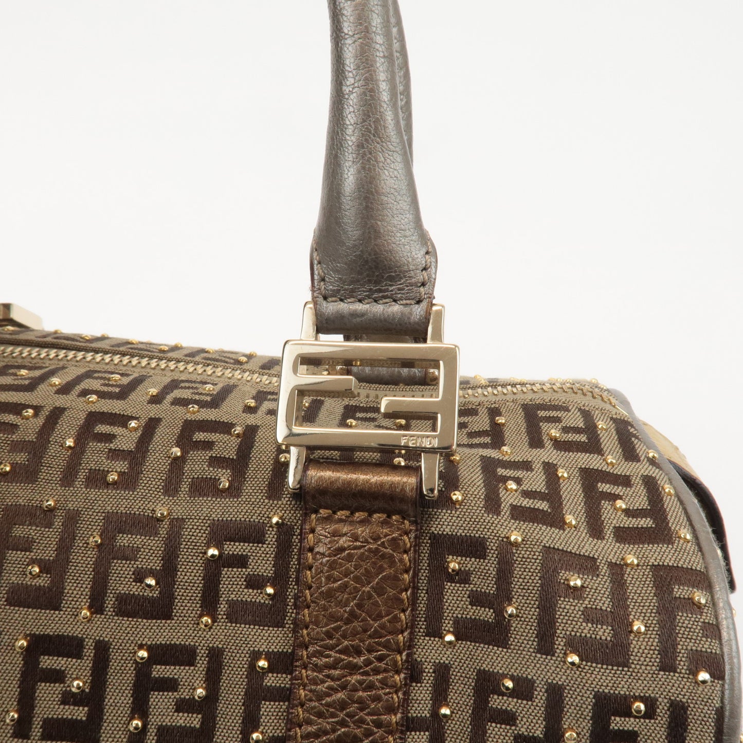 FENDI Zucchino Canvas Leather Boston Bag Hand Bag Beige 8BL068