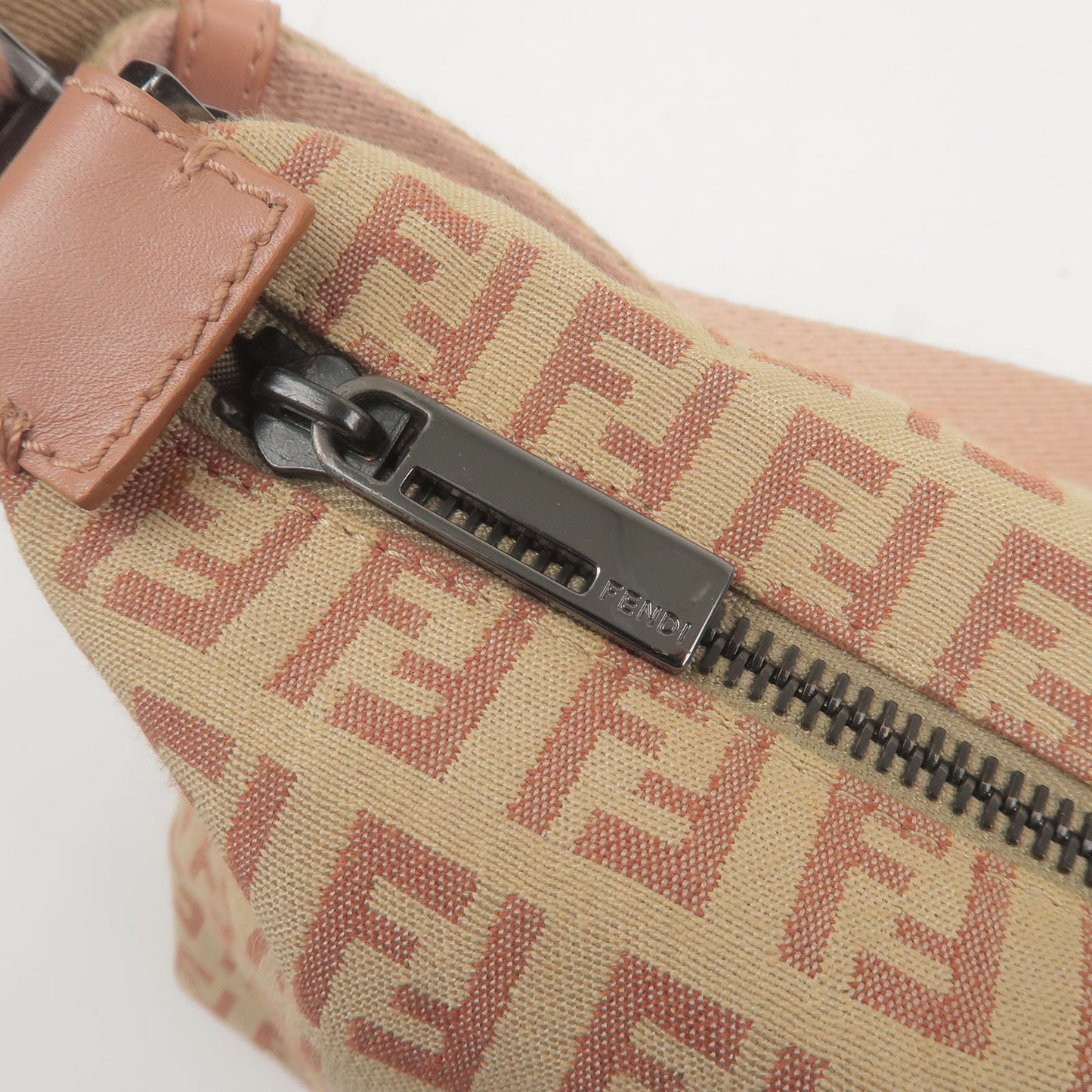 FENDI Zucchino Canvas Leather Shoulder Bag Beige Pink 8BR319