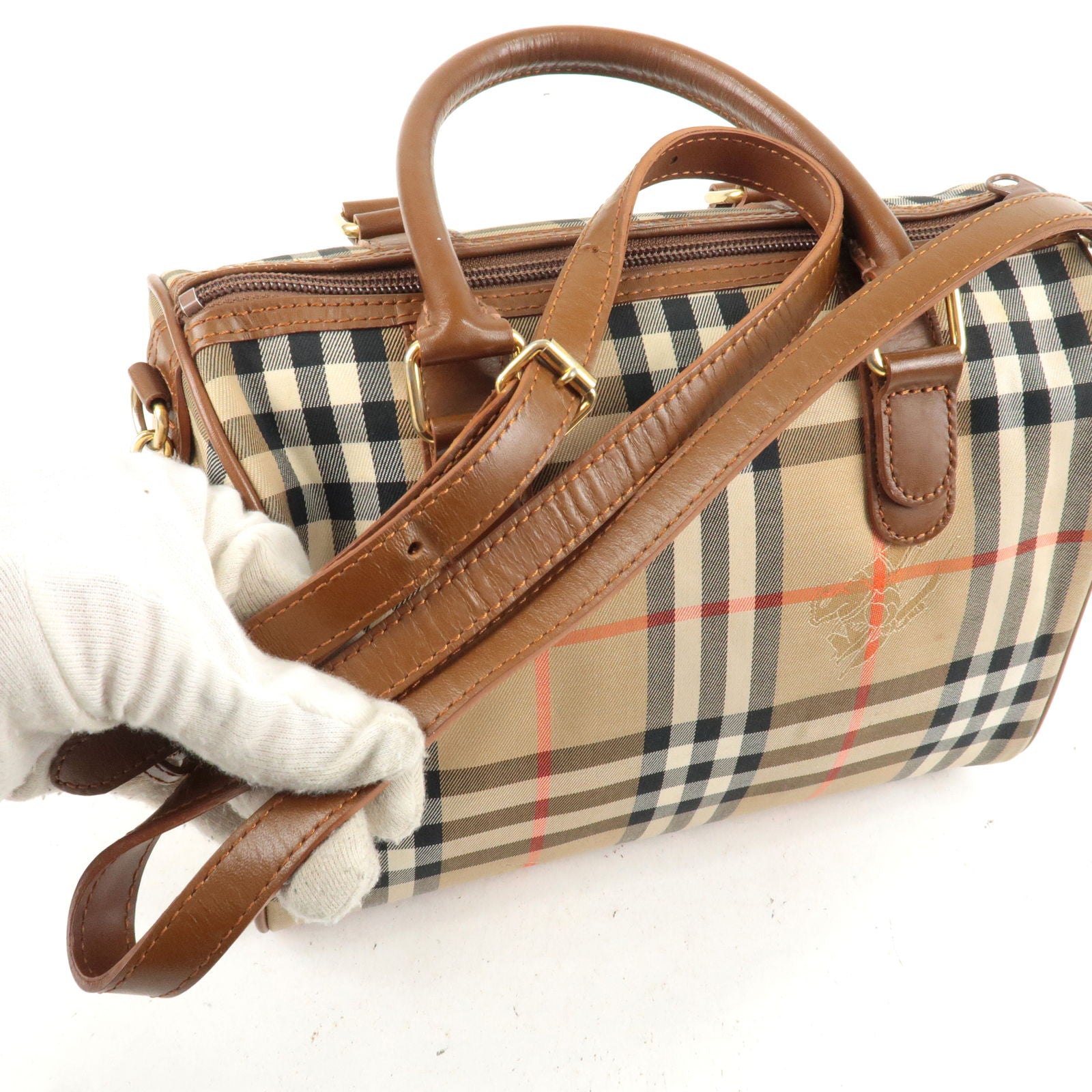 BURBERRY-Nova-Plaid-Canvas-Leather-2Way-Mini-Boston-Bag-BeigeBrown