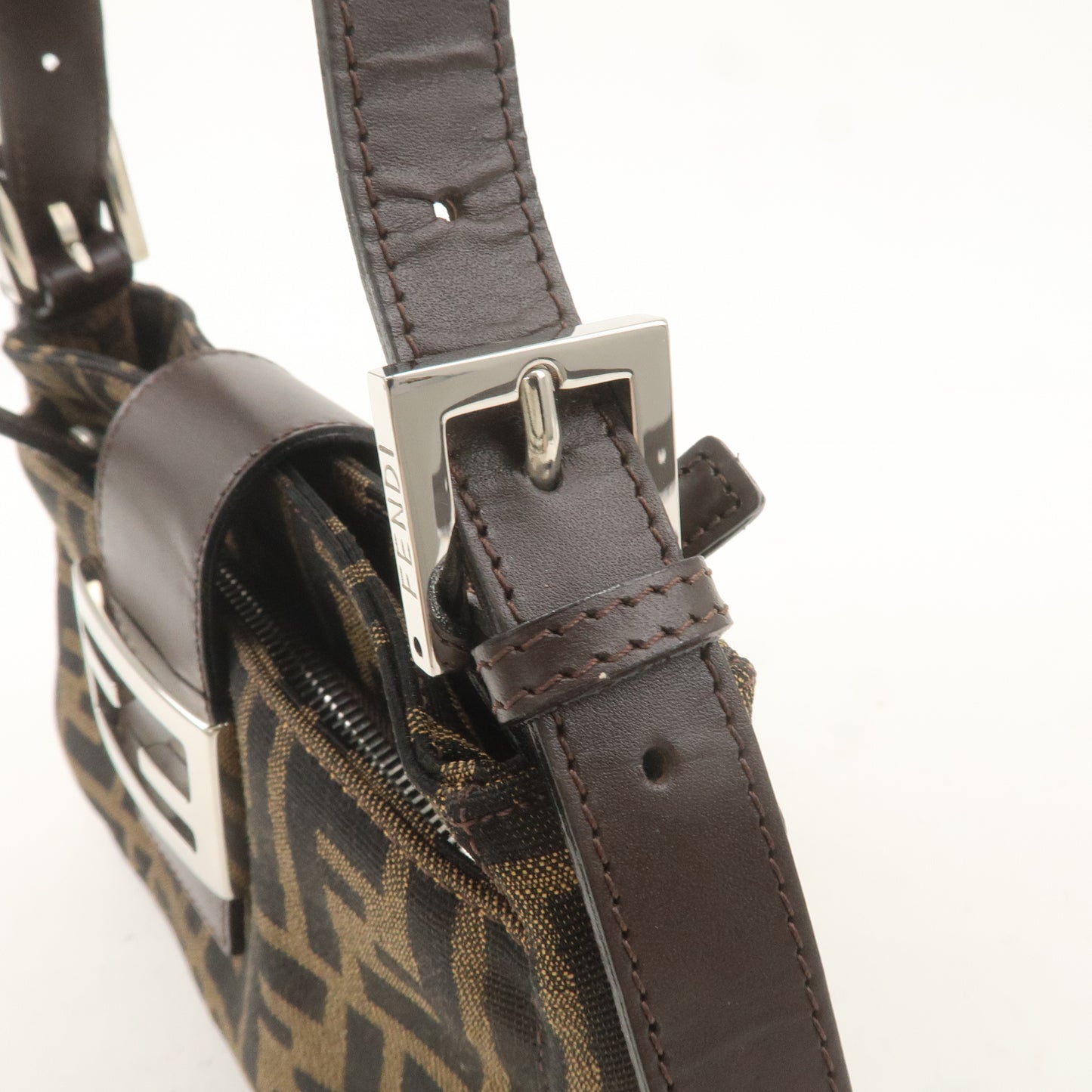 FENDI Zucca Canvas Leather Shoulder Bag Khaki Brown Black 26723