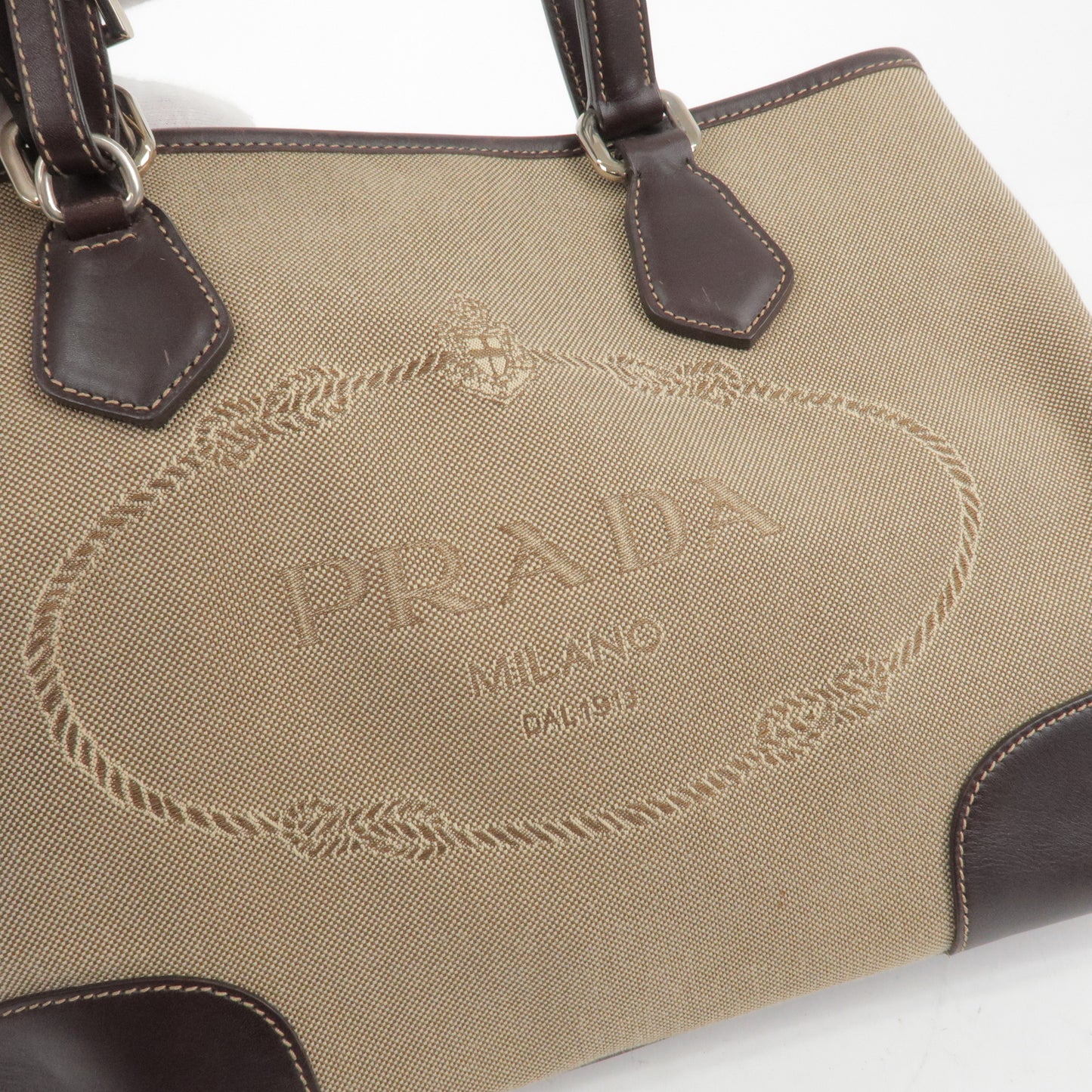 PRADA Logo Jacquard Leather 2Way Bag Beige Brown BR3414
