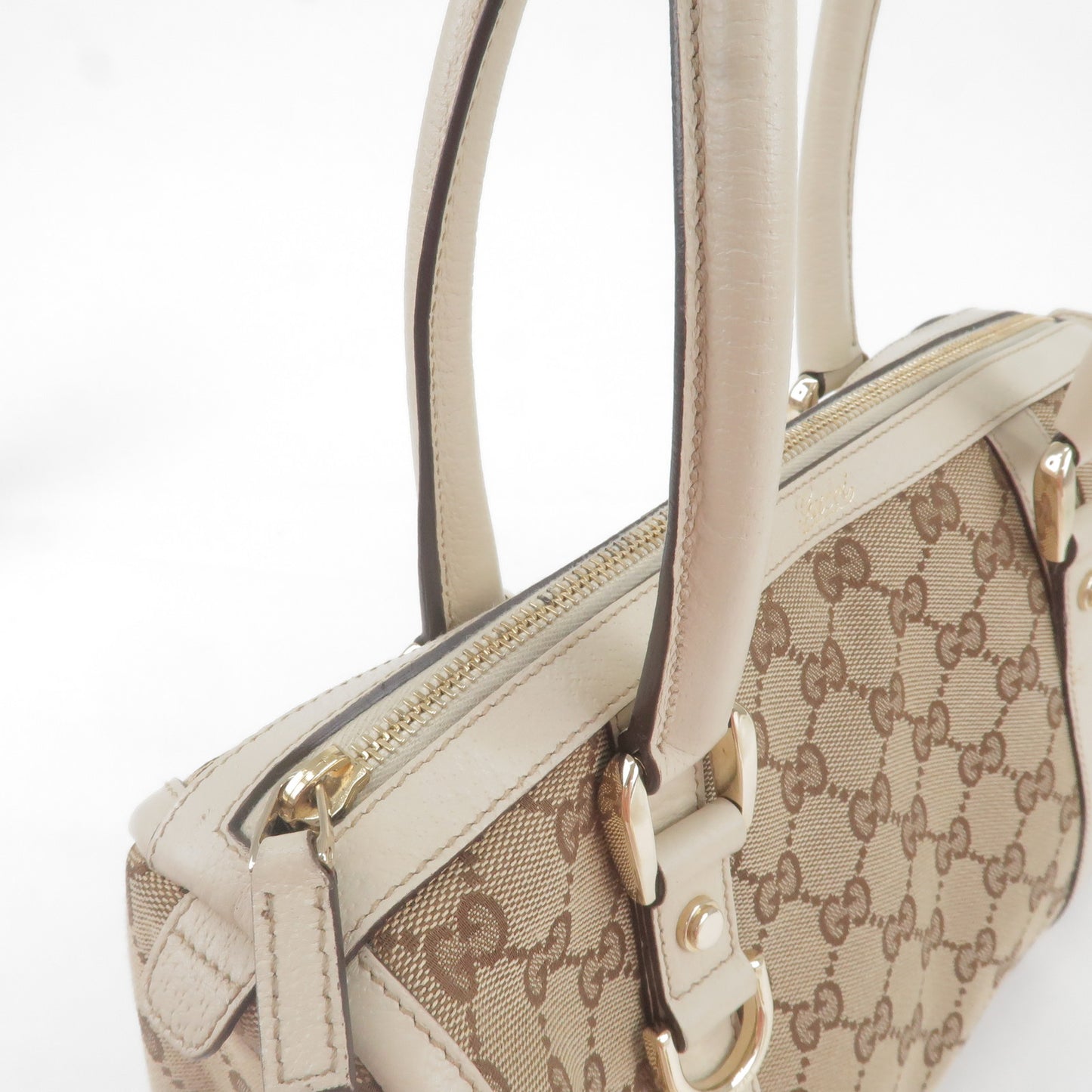 GUCCI Abbey GG Canvas Leather Boston Hand Bag Beige Ivory 130942