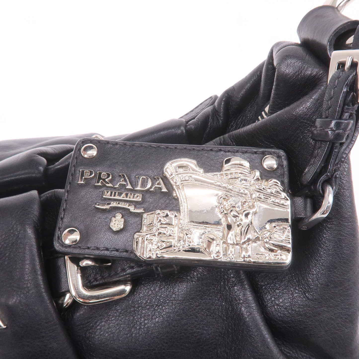 PRADA Logo Leather Shoulder Bag Hand Bag Black BR3795