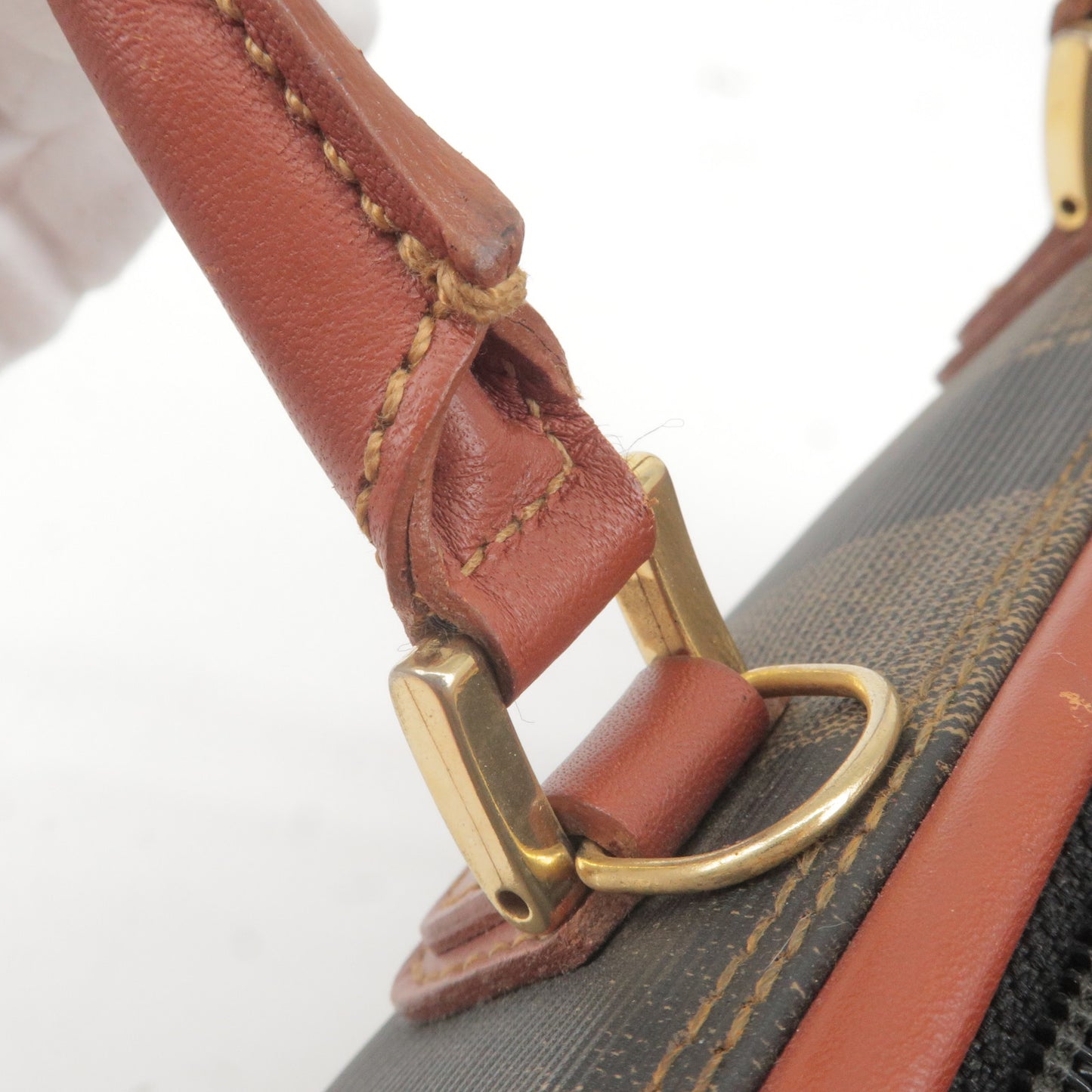 FENDI Pequin PVC Leather Boston Bag Hand Bag Khaki Brown 45970