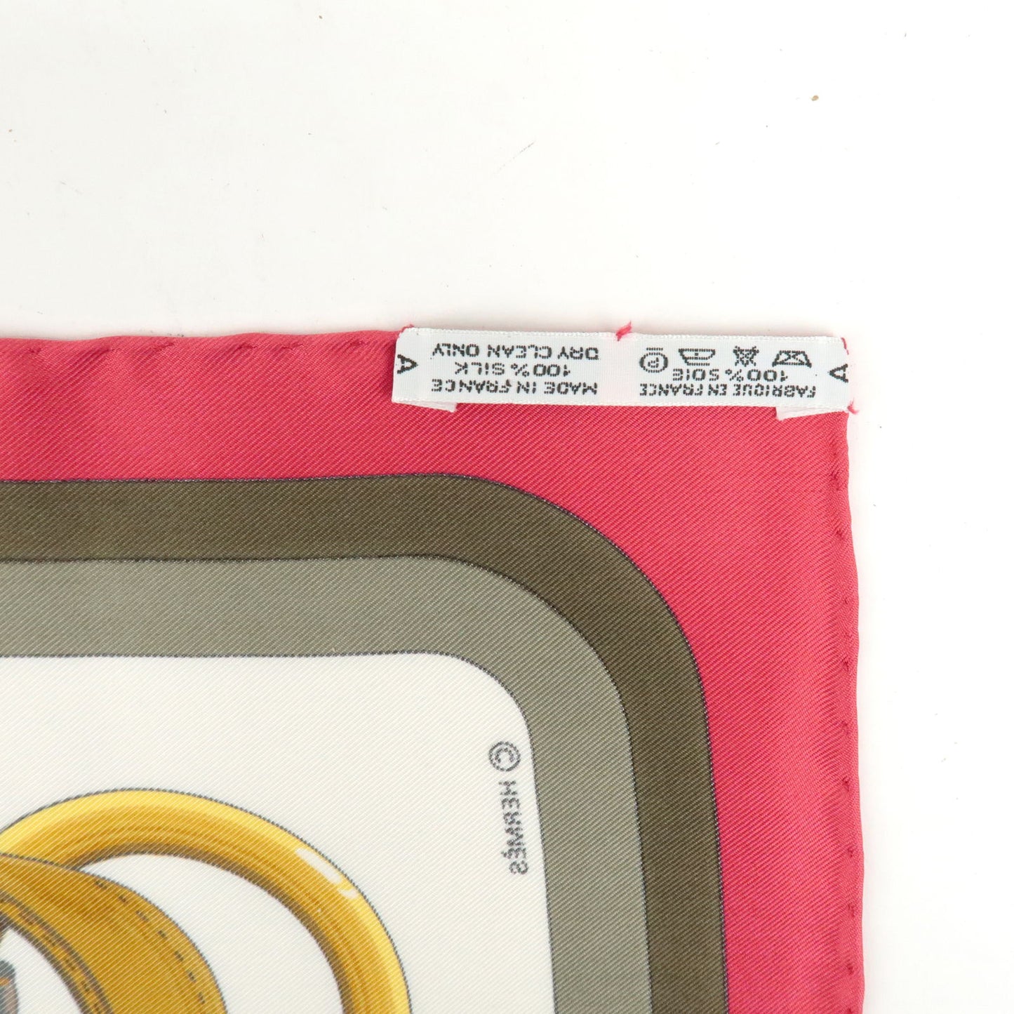 HERMES Carre 90 Silk 100% Scarf COACHING Belt Print Khaki Red