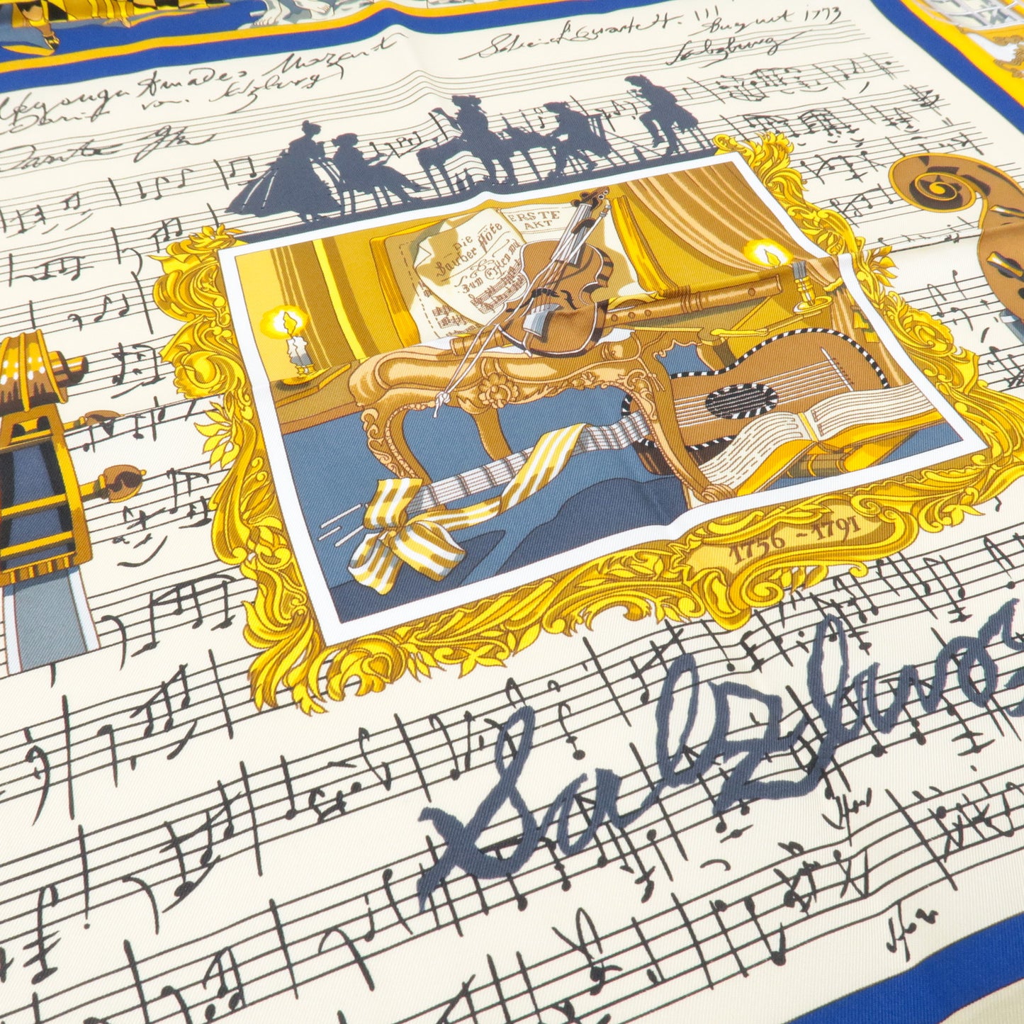 HERMES Carre 90 100% Silk Scarf IN SALZBURG Musical Score Blue