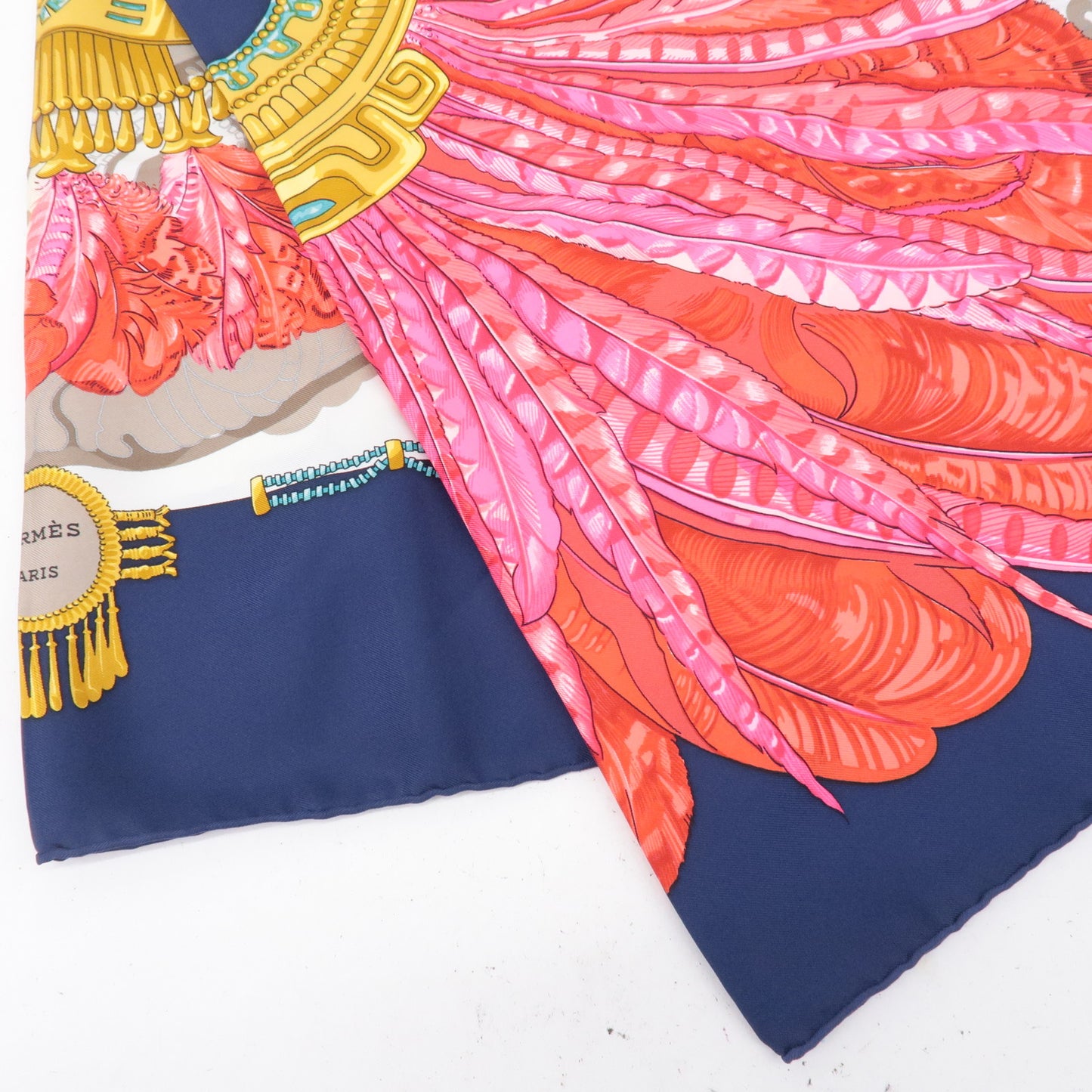 HERMES Carre 90 100% Silk Scarf Feather Jewelry Print Navy