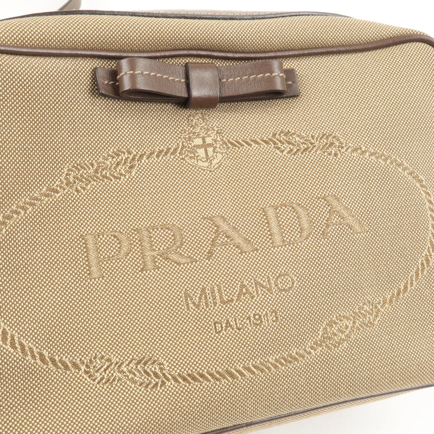 PRADA Logo Jacquard Leather Shoulder Bag Beige Brown 1BH089