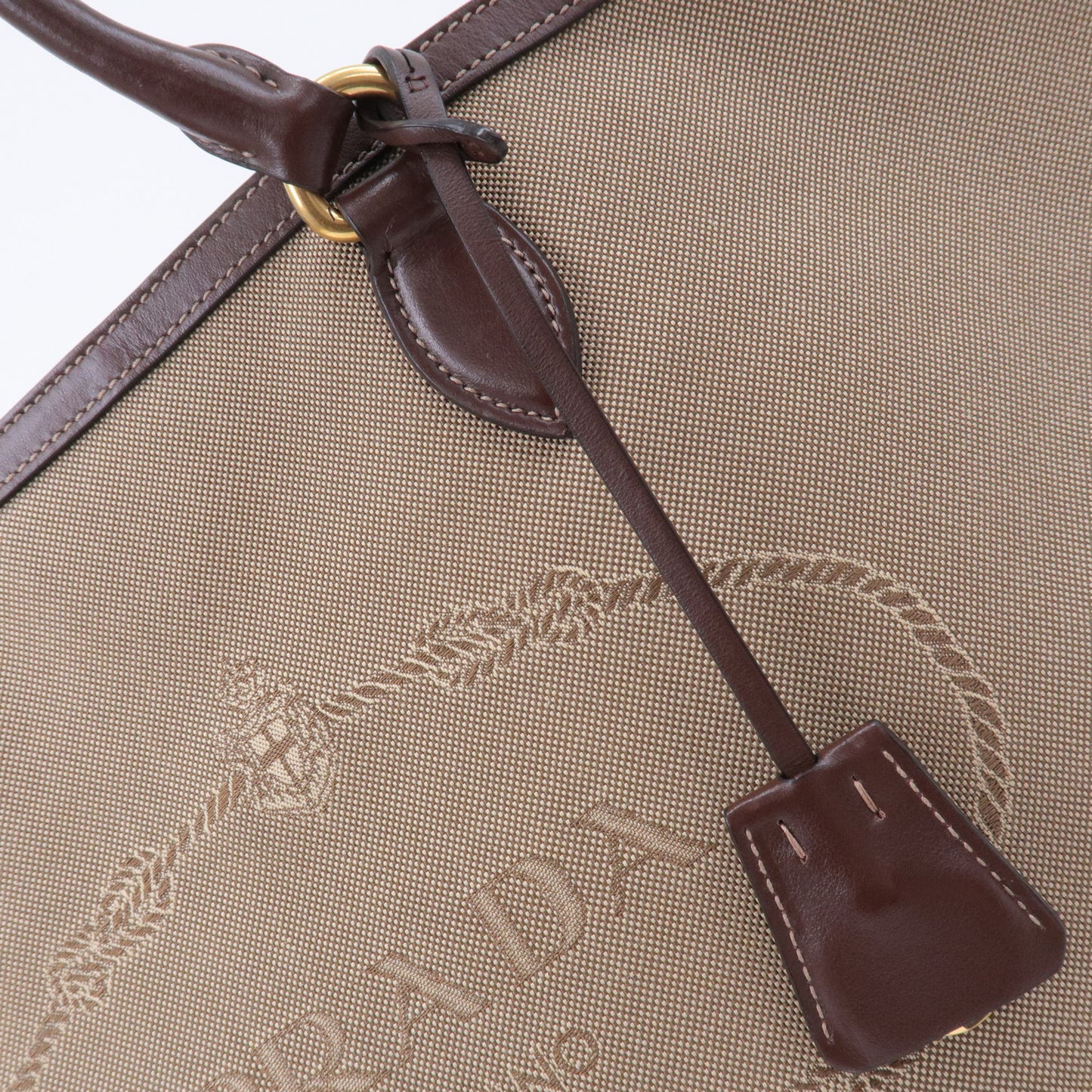 PRADA Logo Jacquard Leather Tote Bag Beige Brown 1BG158