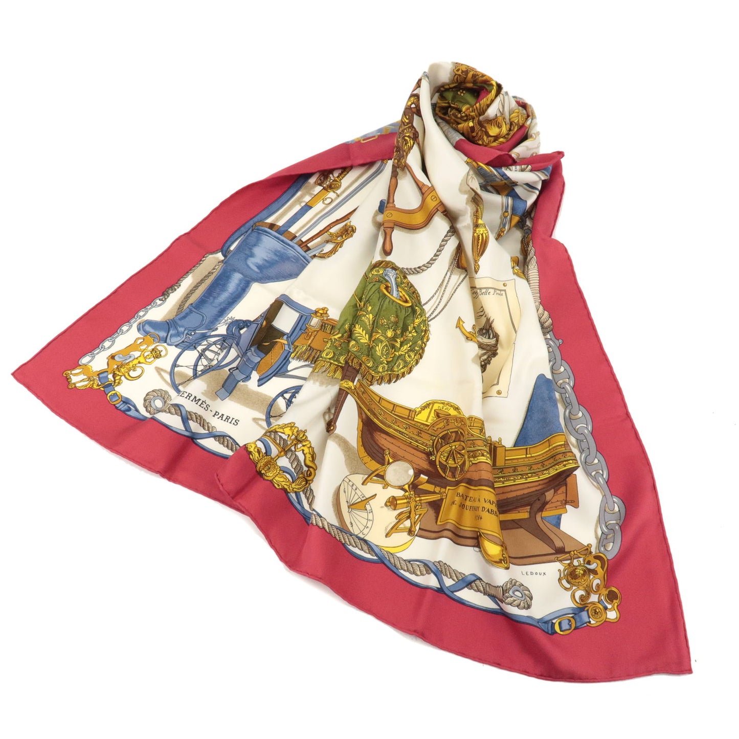 HERMES Carre 90 MUSEE Silk 100% Scarf Red White Gold