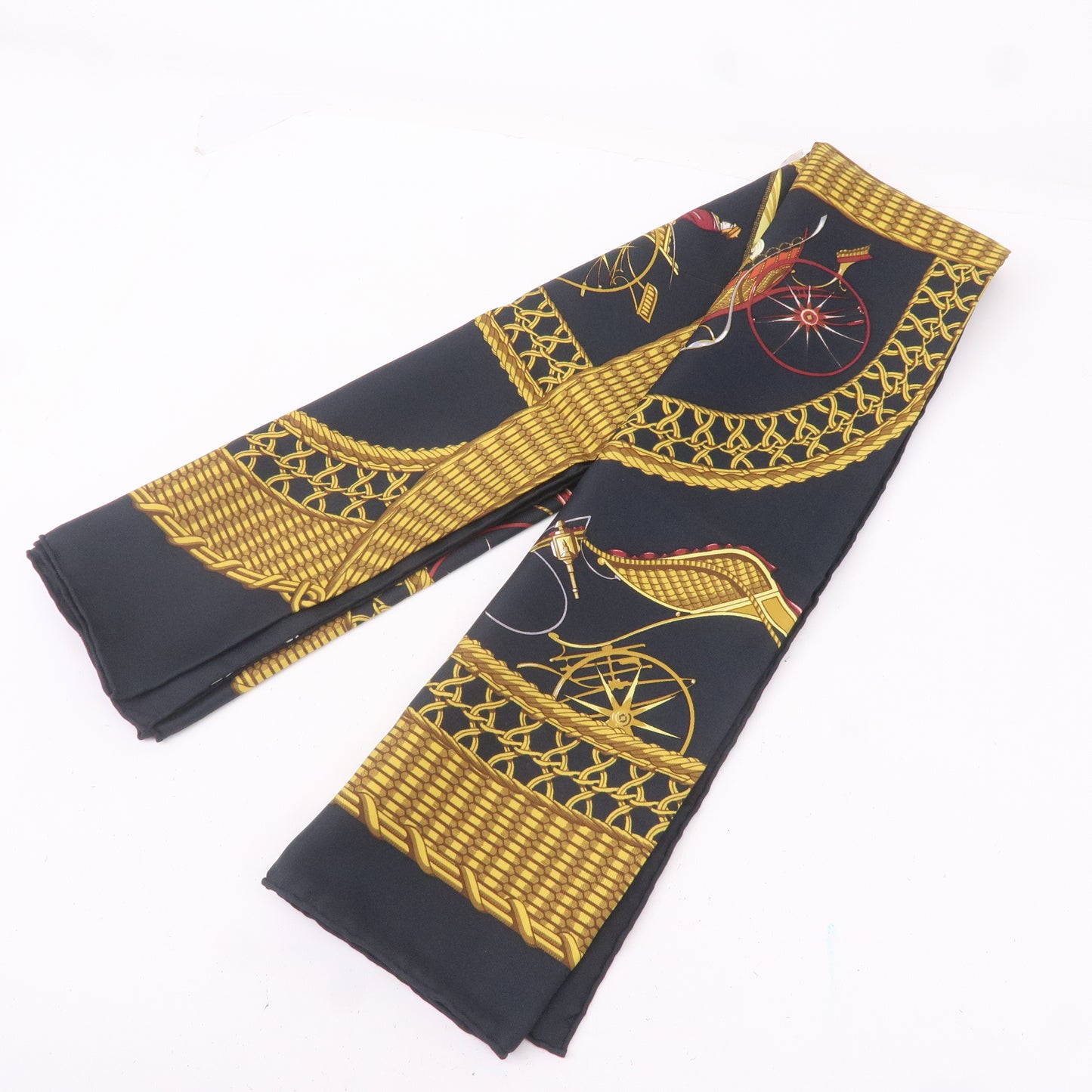 HERMES Scarf Silk Carre 90 VOITURES PANIERS Black Gold