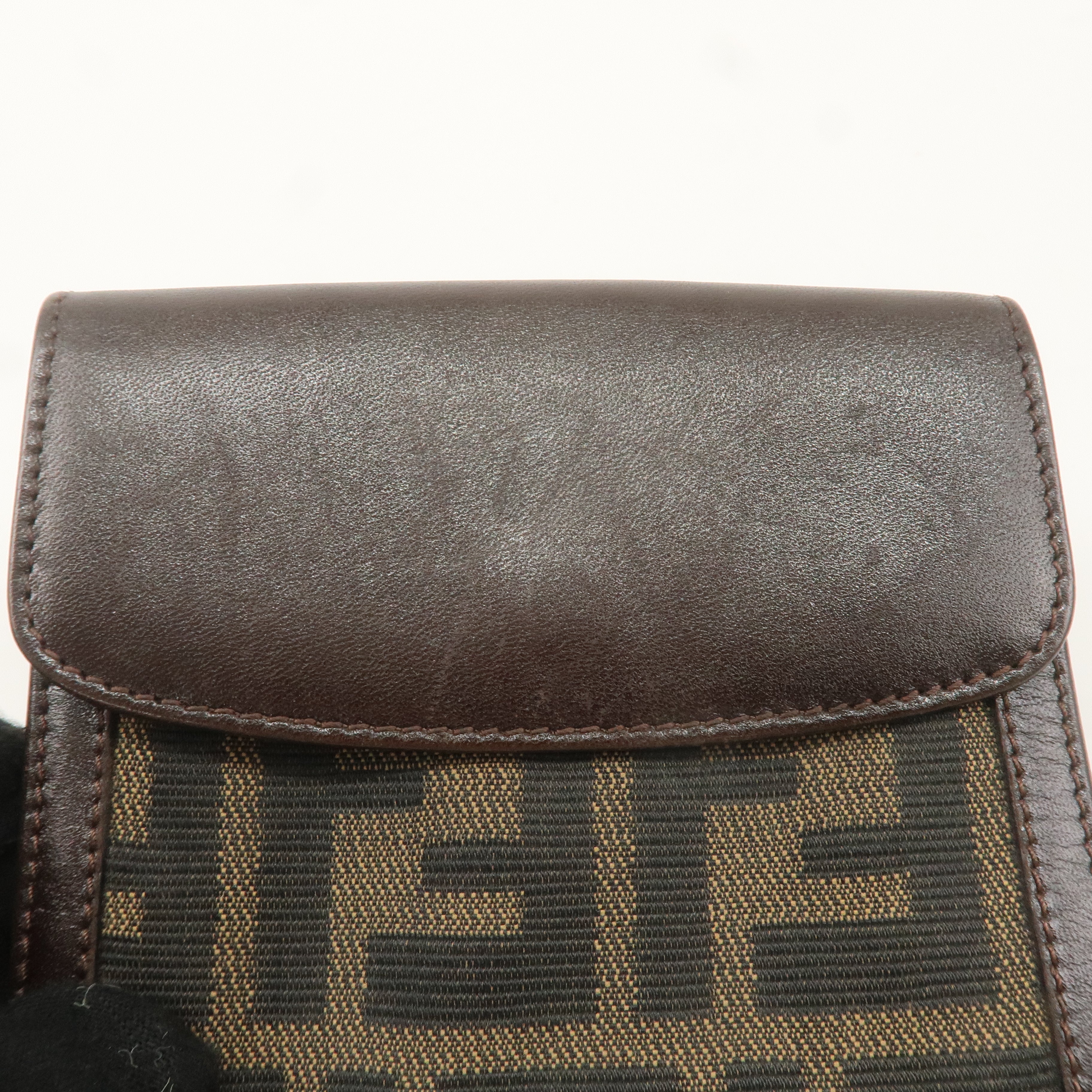 FENDI Zucca Canvas Leather W Hook Bi-fold Wallet Brown Black 1695