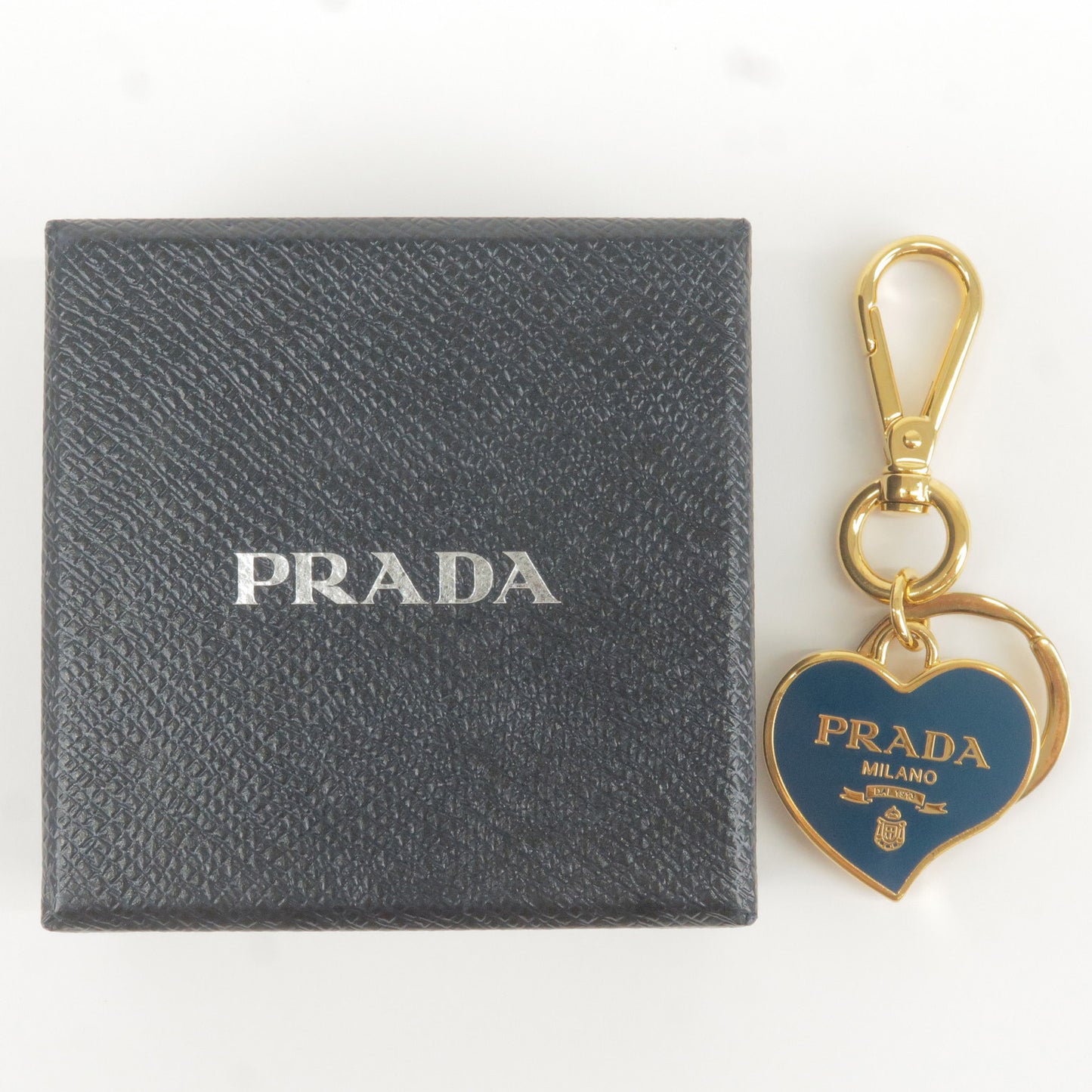 PRADA-Heart-Charm-Logo-Key-Holder-Key-Charm-Gold-Blue – dct