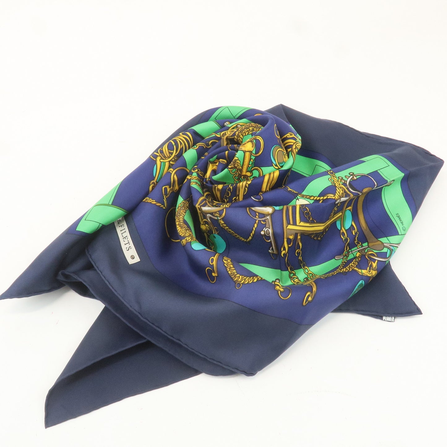 Hermes Silk 100% Carre 90 Mors & Filets Navy Blue