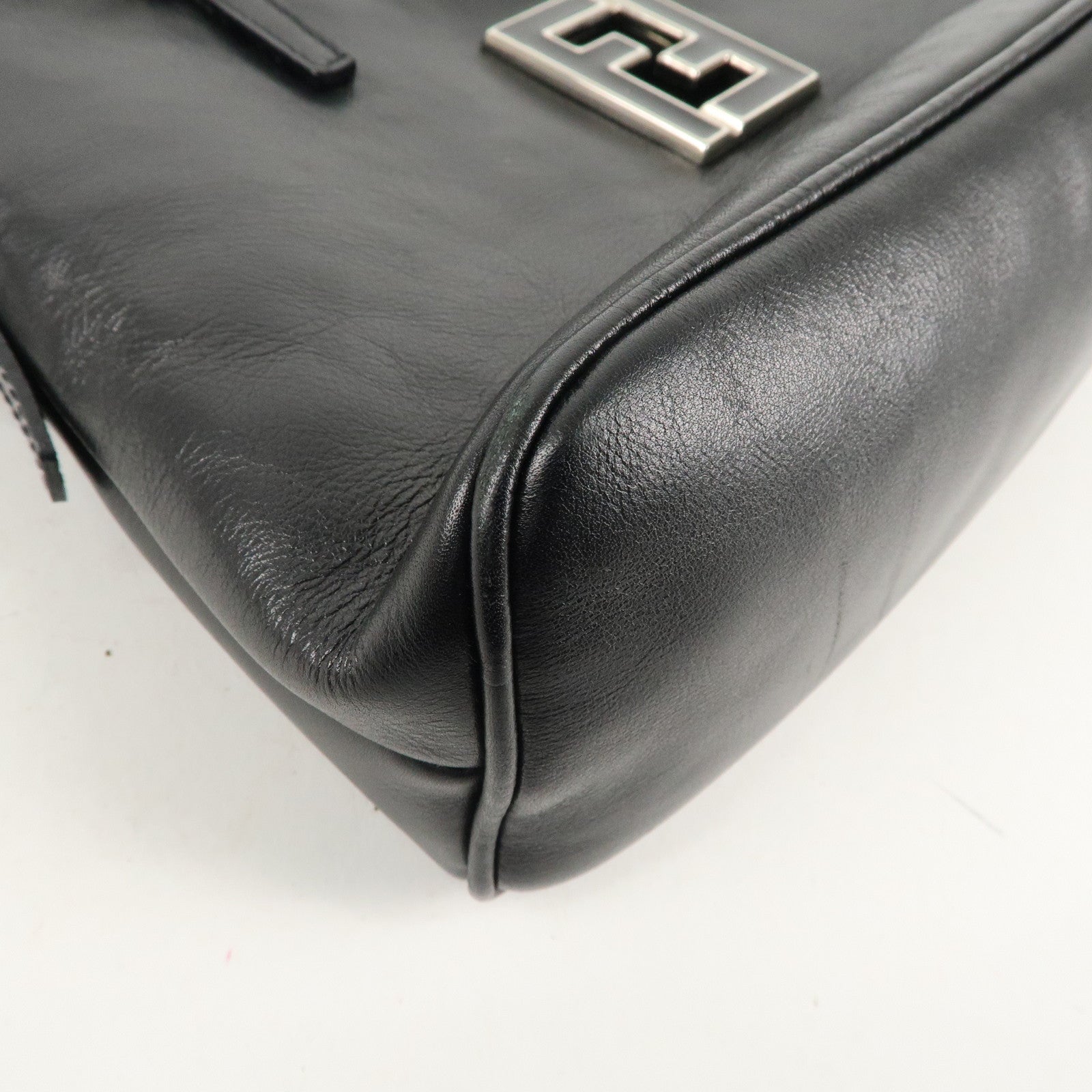 FENDI FF Logo Leather Hand Bag Silver HDW Black 15563