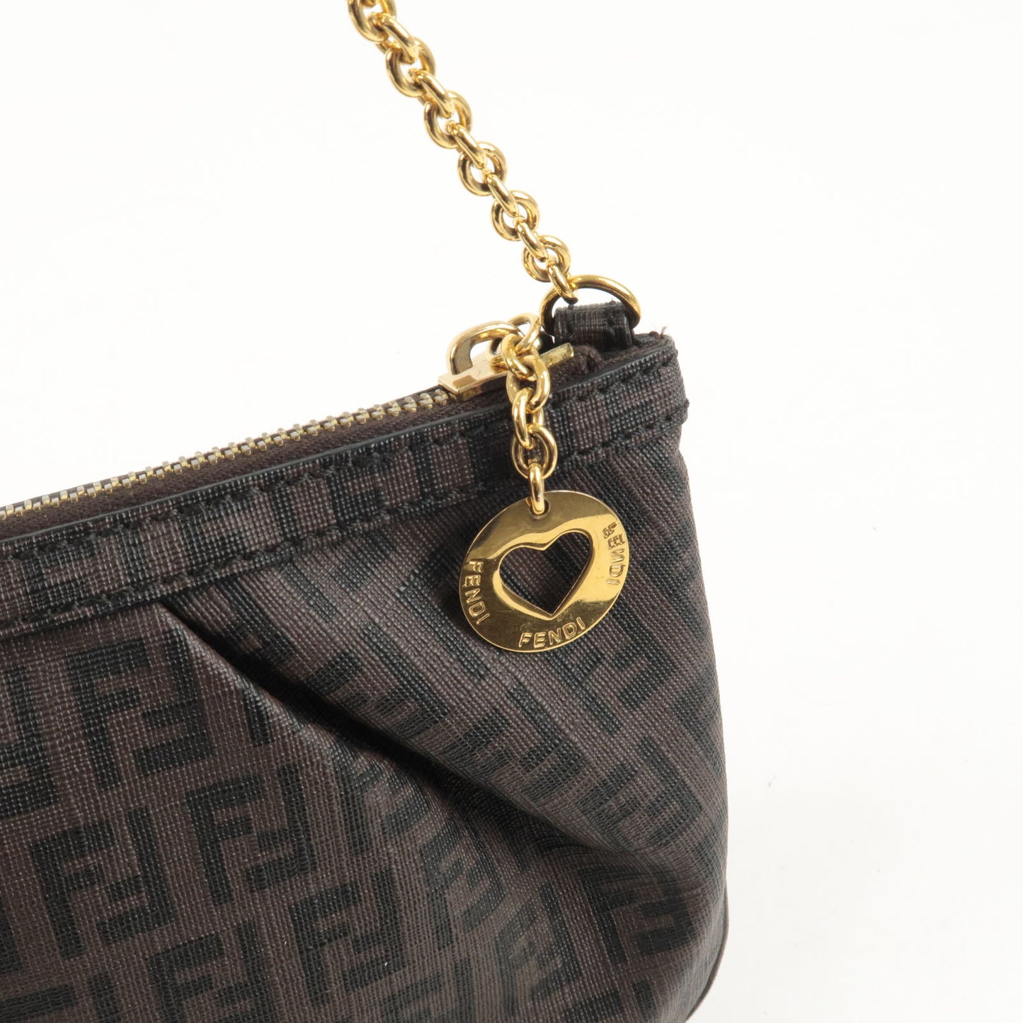 FENDI Zucchino PVC Chain Pouch Hand Bag Brown Black 8BR594