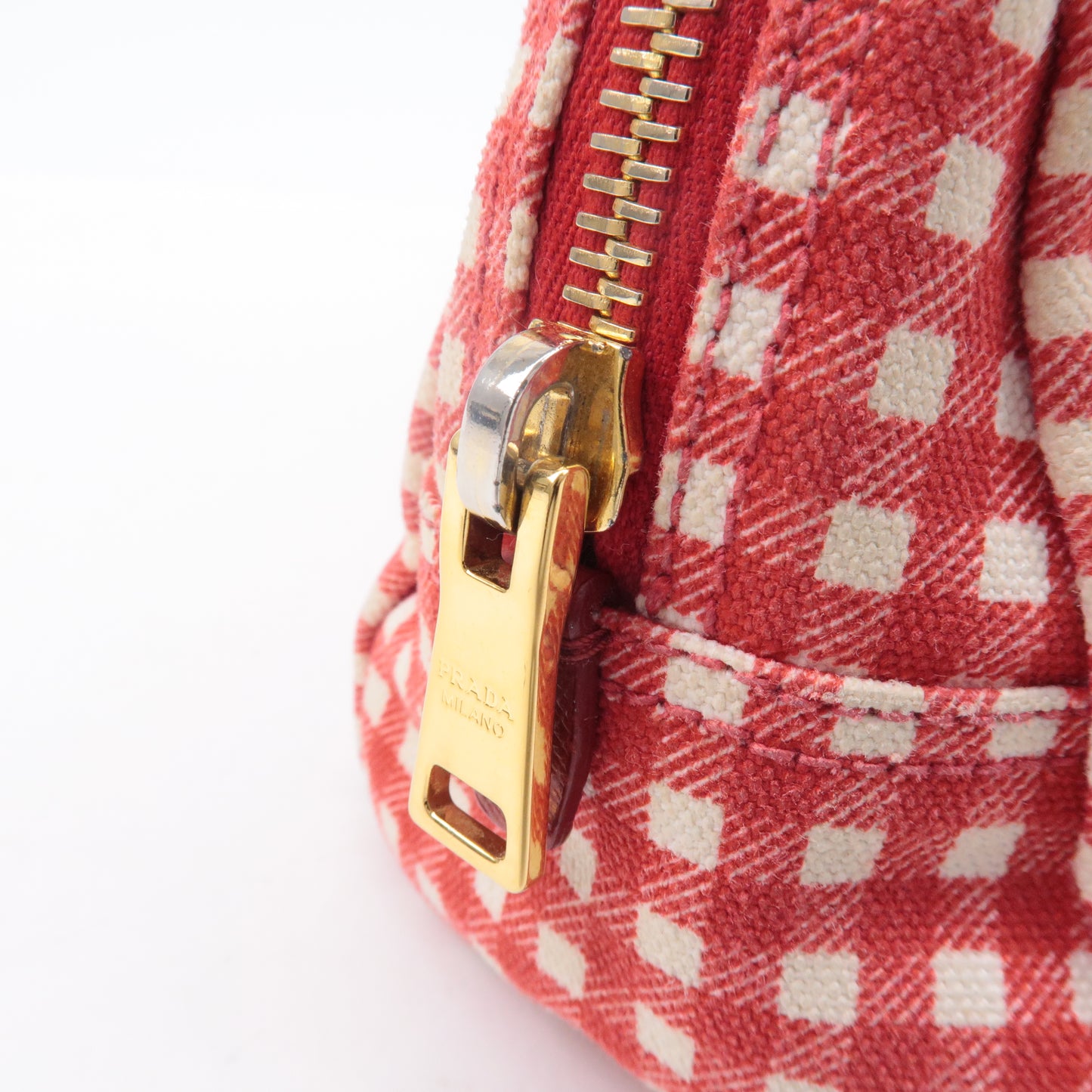 PRADA Logo Canvas Leather Checkered Pouch Red 1NA693
