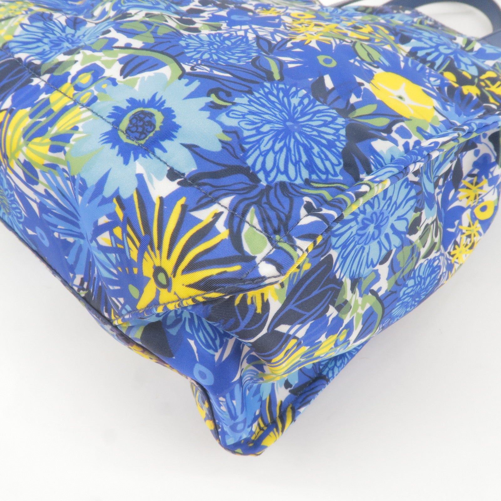 PRADA - Blue - Floral - Tote - Nylon - Bag - Print - Leather