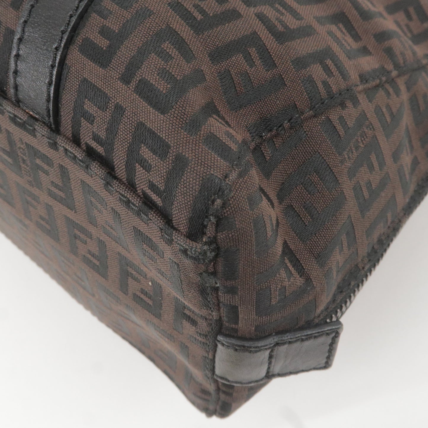 FENDI Zucchino Canvas Leather Shoulder Bag Brown Black 8BN002