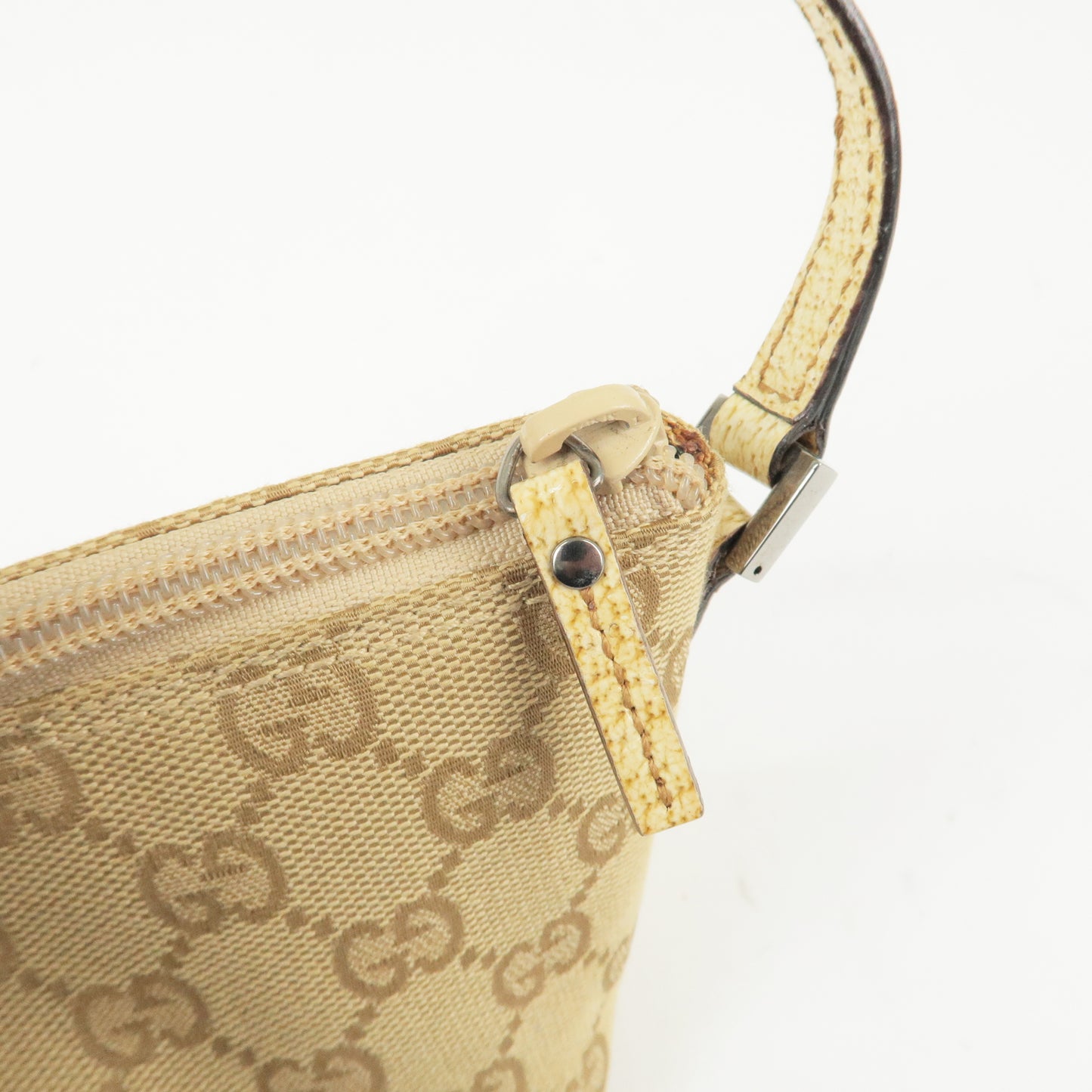 GUCCI GG Canvas Leather Boat Bag Hand Bag Pouch Beige 07198