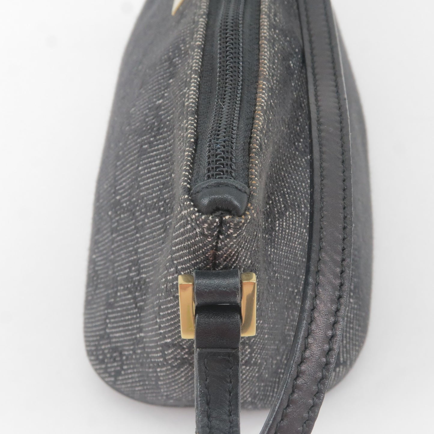GUCCI GG Denim Leather Boat Bag Hand Bag Pouch Black 07198