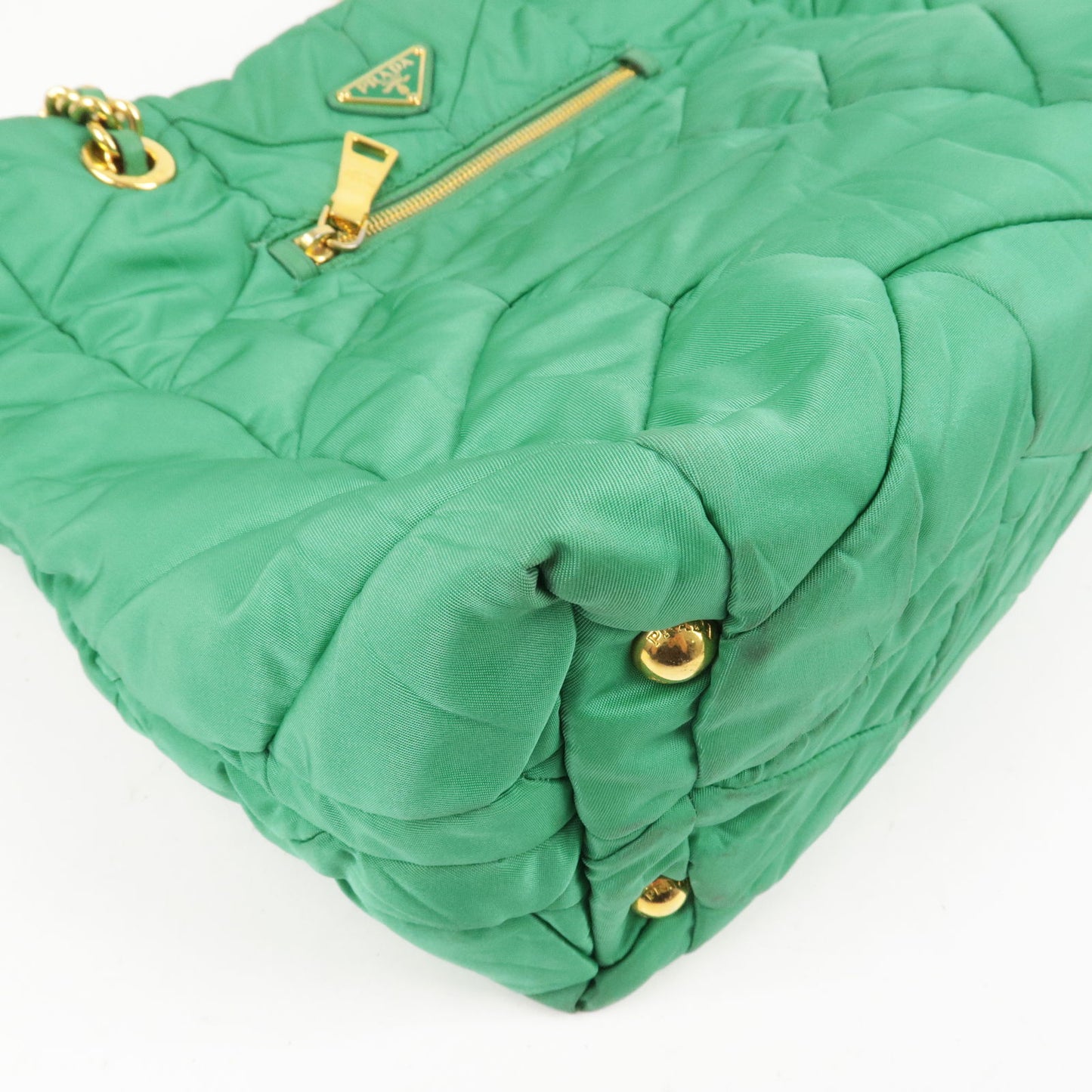 PRADA Logo Nylon Leather Chain Tote Bag Green BR4383
