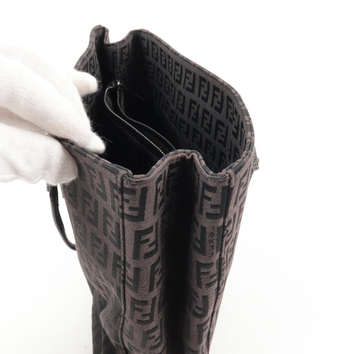 FENDI Zucchino Canvas Leather Hand Bag Brown Black 8BH132