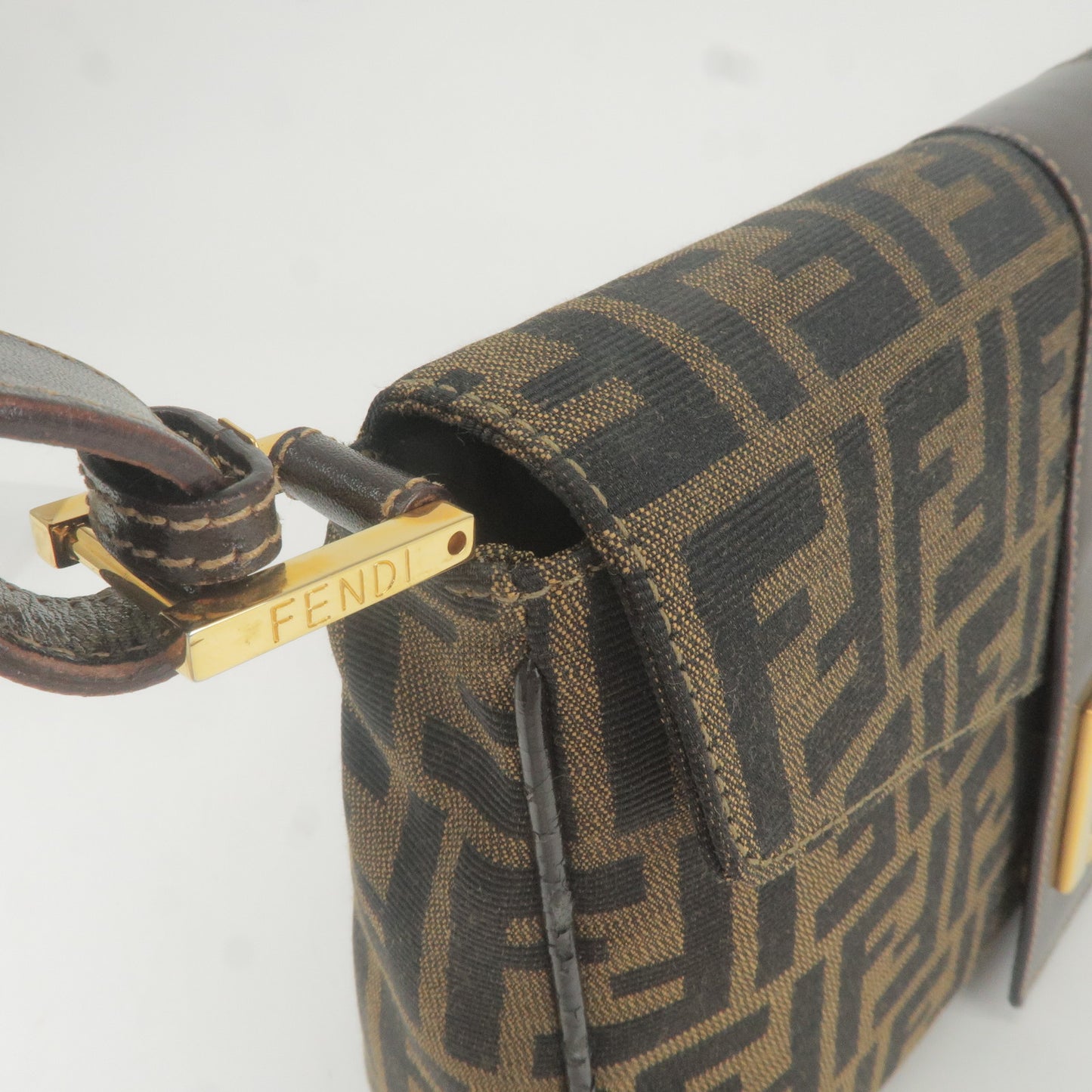 FENDI Zucca Canvas Leather Shoulder Bag Brown Black 26434