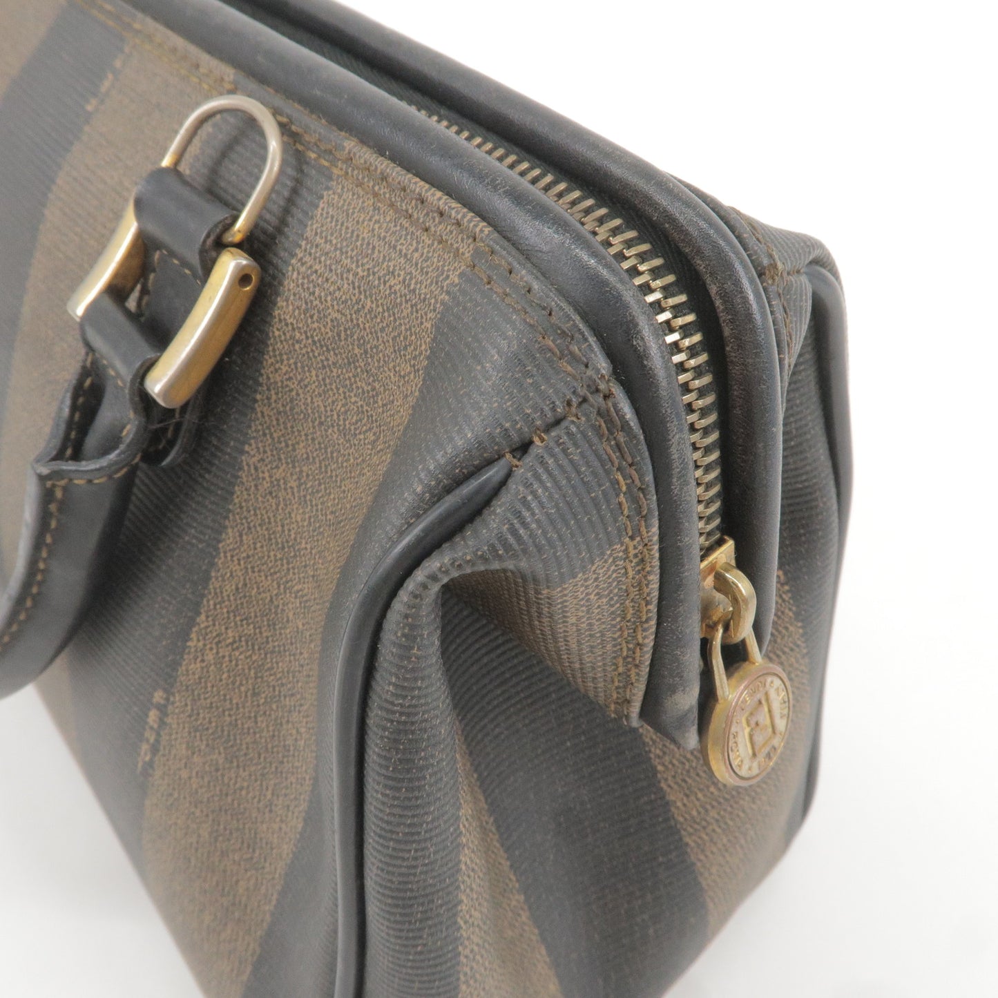 FENDI Pequin PVC Leather Boston Bag Hand Bag Khaki Black 259023