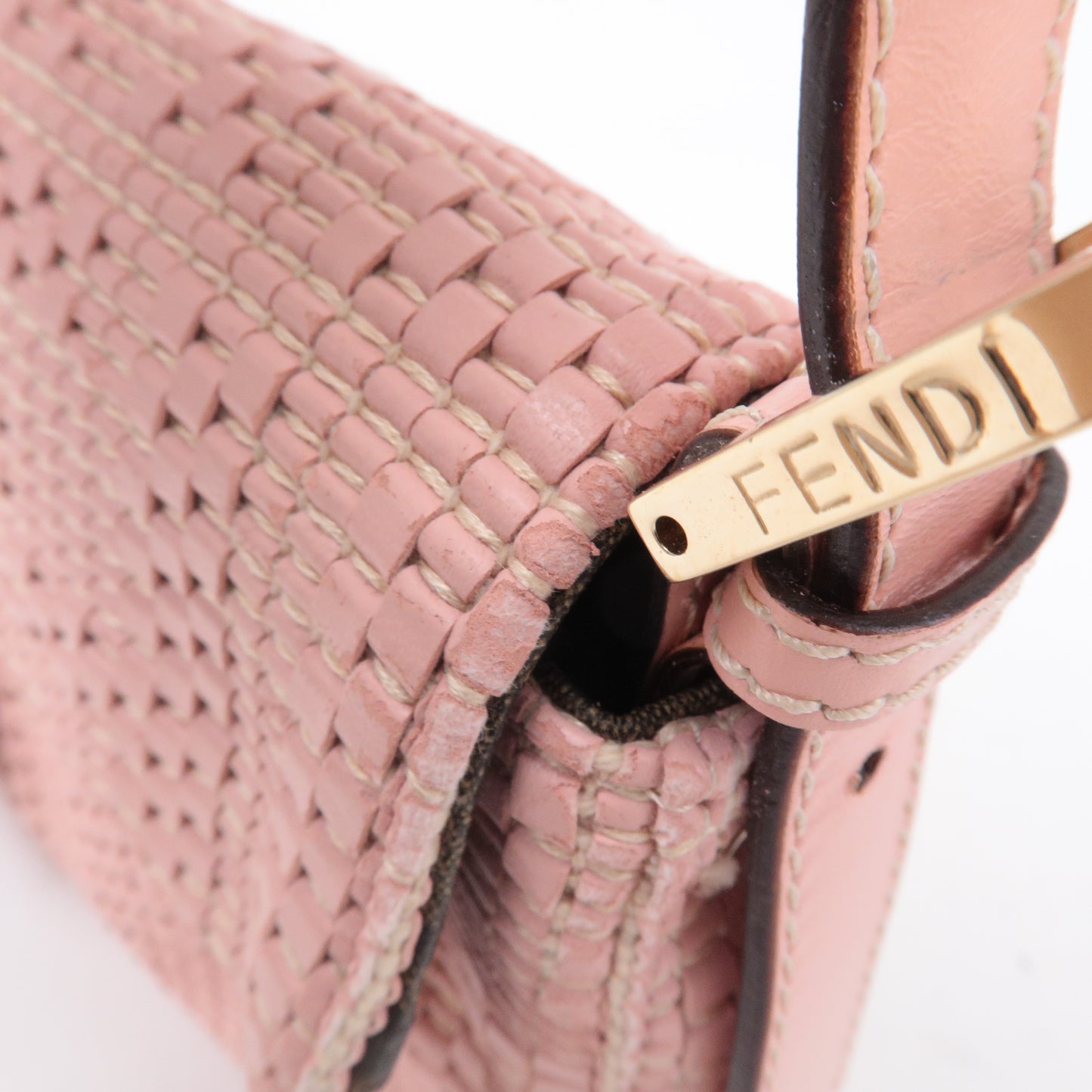 FENDI Mamma Baguette Leather Braided Shoulder Bag Pink 8BR600