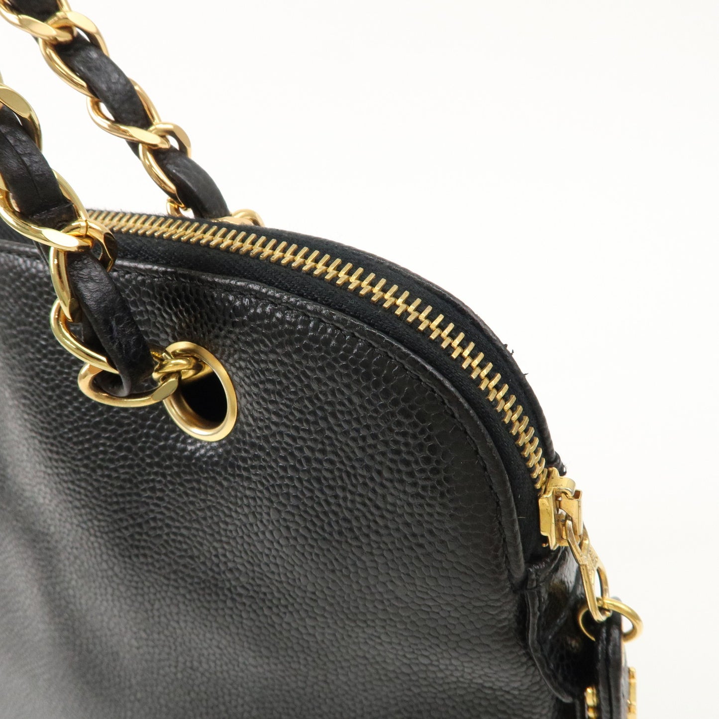 CHANEL Caviar Skin Chain Tote Bag Shoulder Bag Black Gold HDW