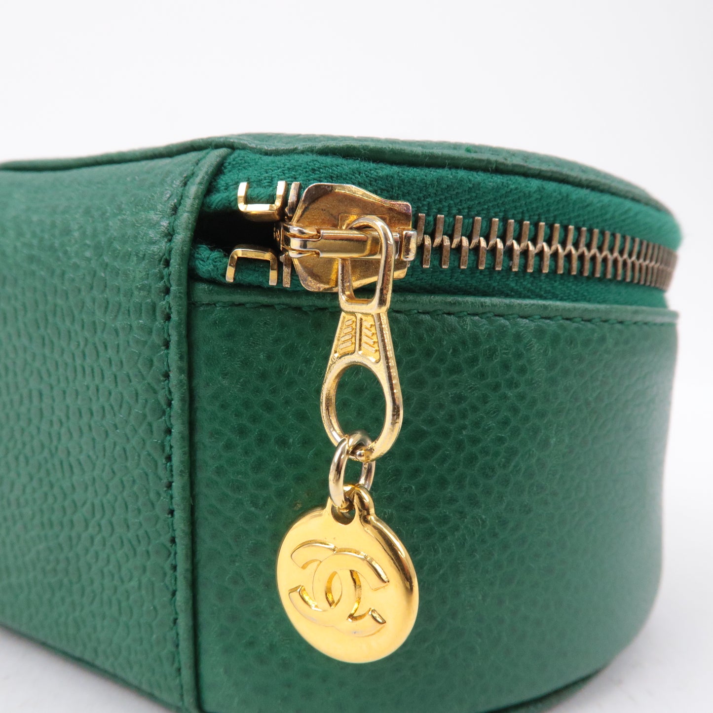 CHANEL Caviar Skin Jewelry Case Accessories Case Green Gold