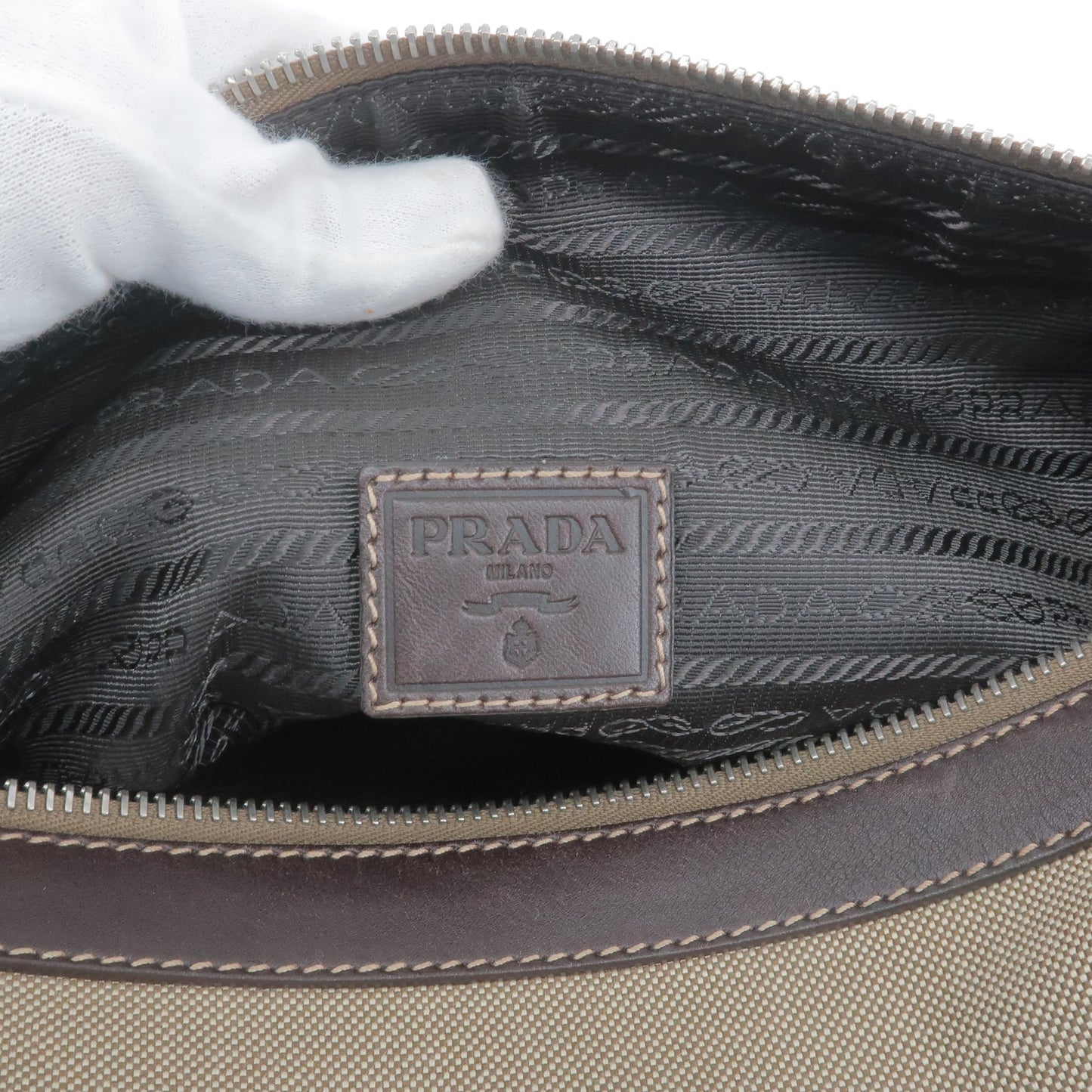 PRADA Logo Jacquard Leather Cosmetic Pouch Beige Brown