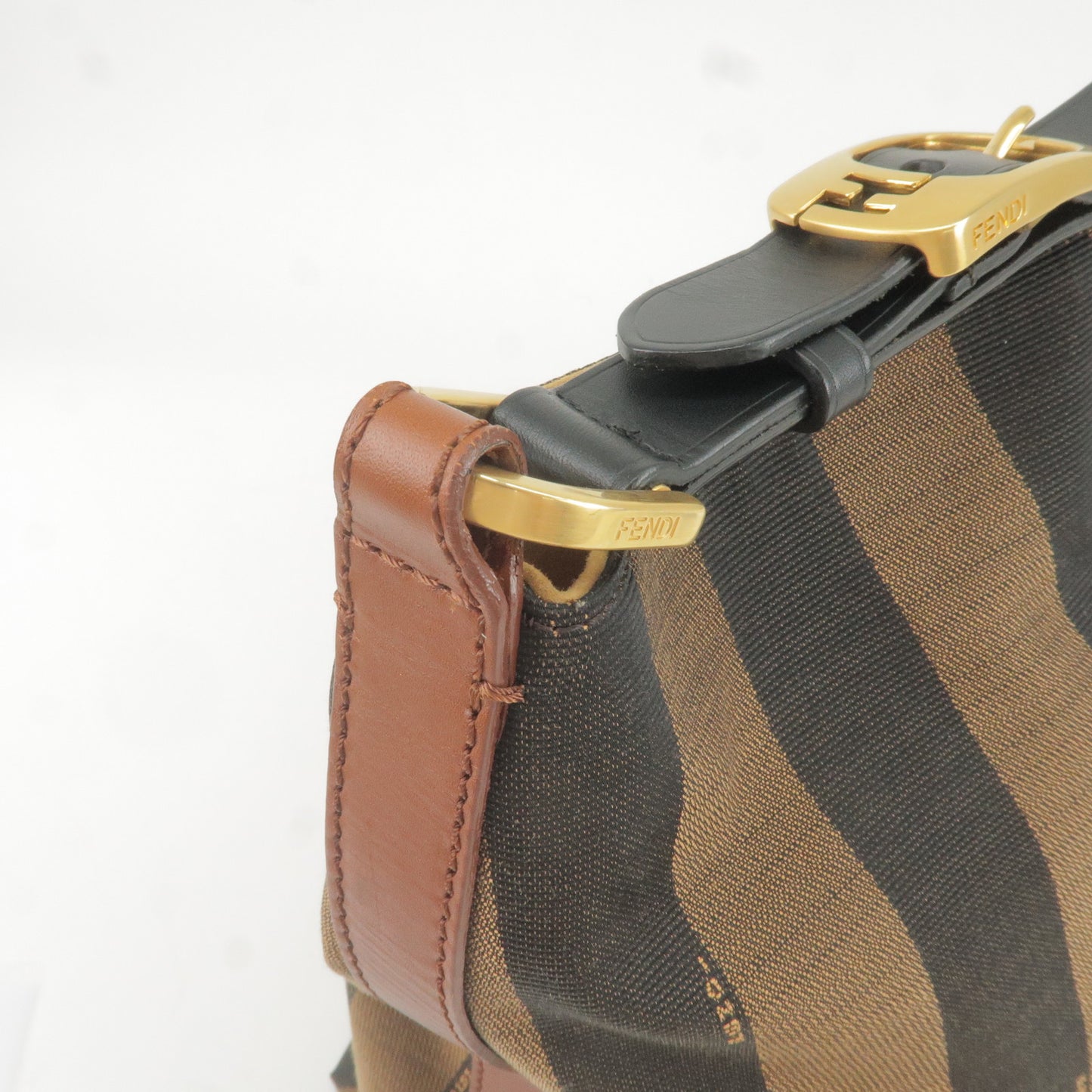 FENDI Pequin Canvas Leather Shoulder Bag Beige Black Brown 8BR653