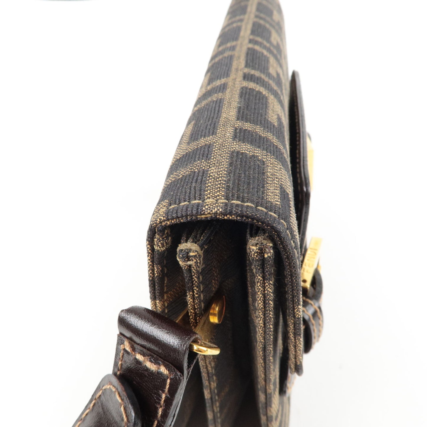 FENDI Zucca Canvas Leather Shoulder Bag Khaki Black 15079