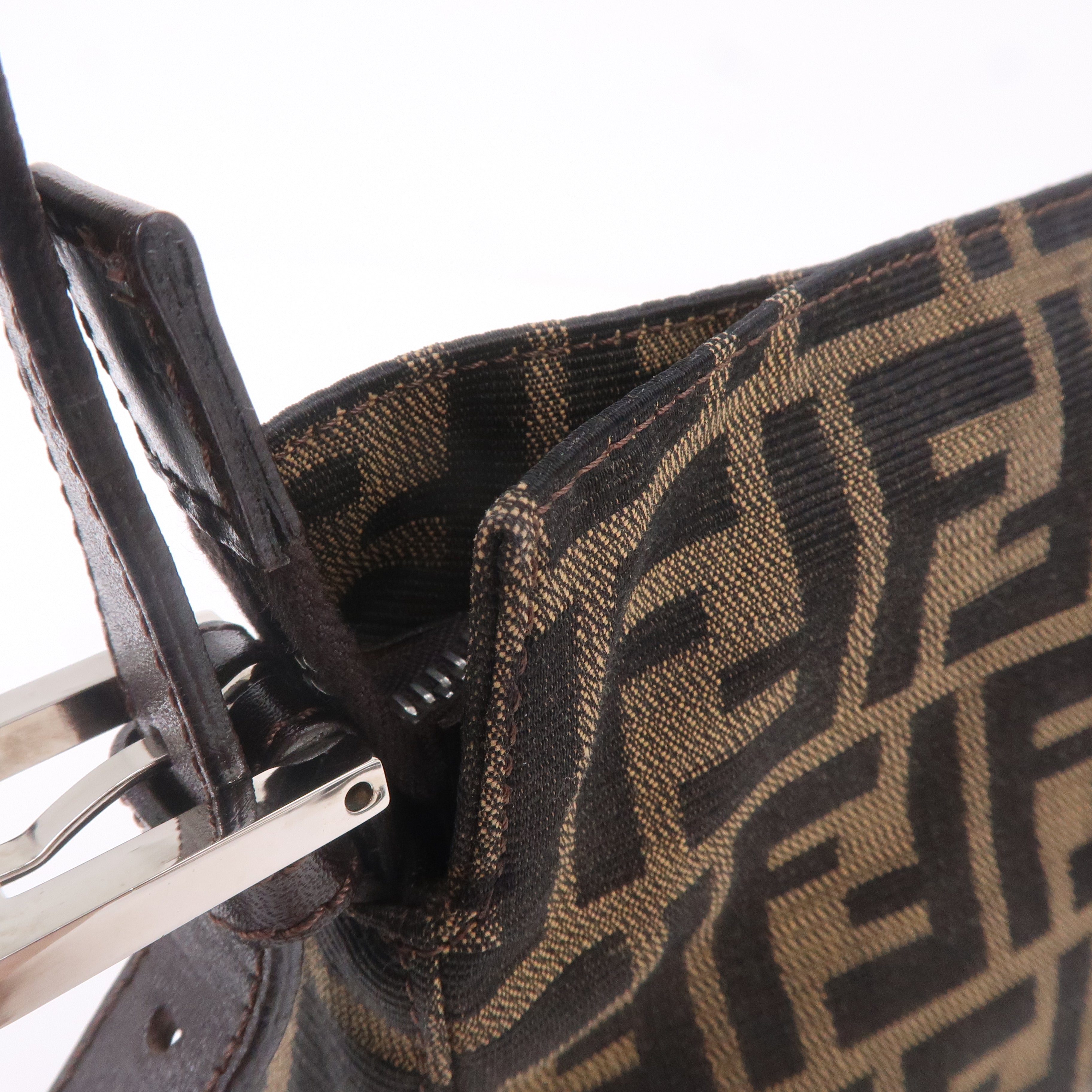 FENDI Zucca Canvas Leather Shoulder Bag Brown Black 26566