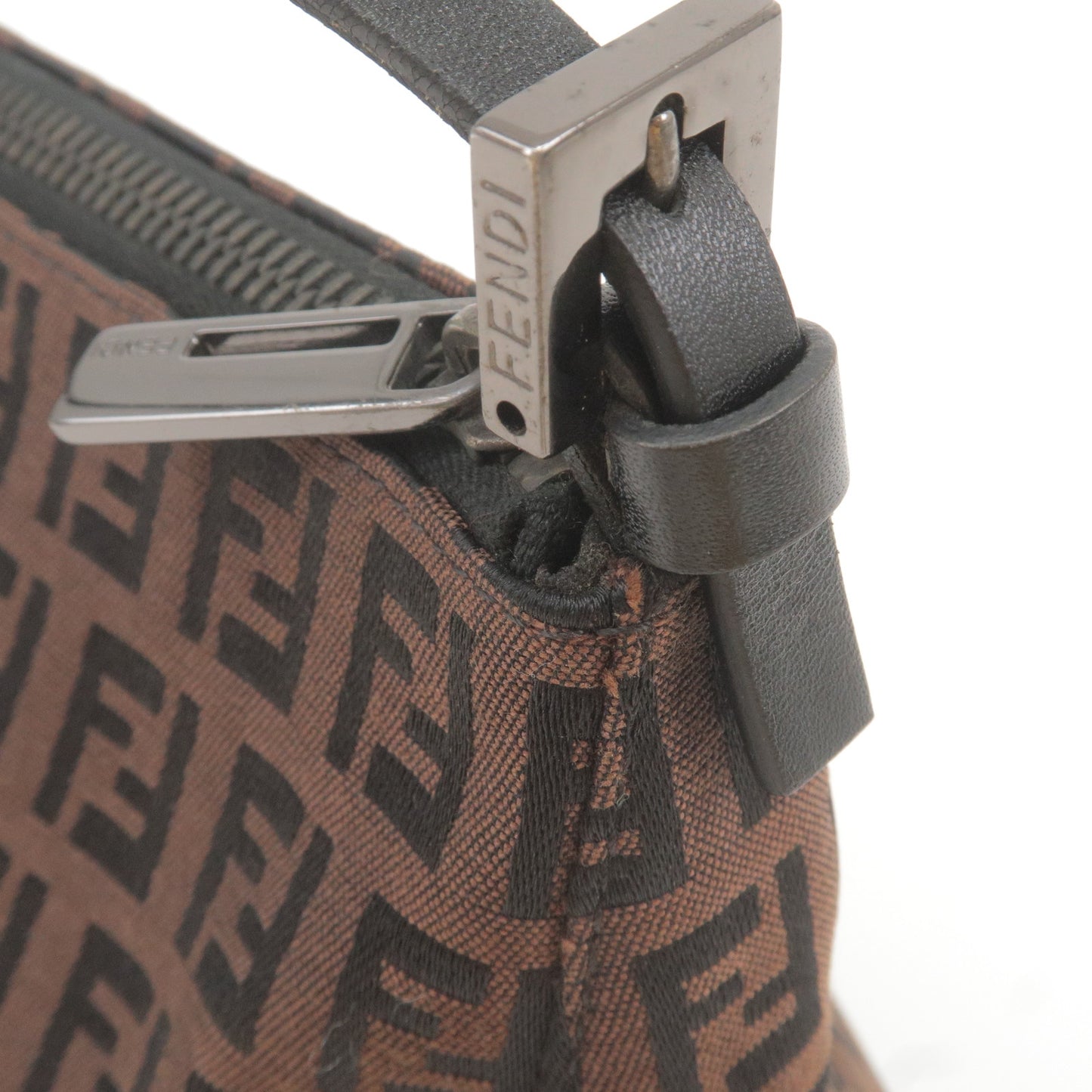 FENDI Zucchino Canvas Leather Shoulder Bag Black Brown 8BR156