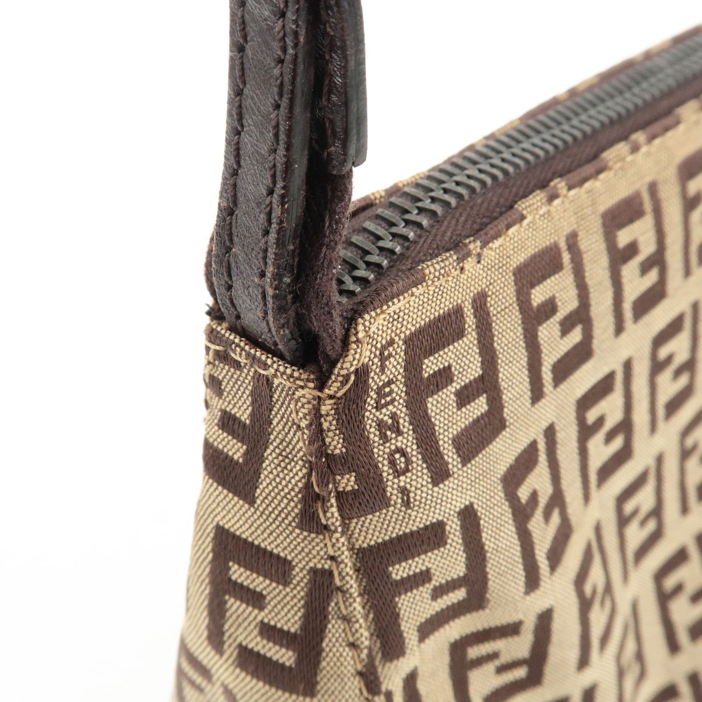 FENDI Zucchino Canvas Leather Shoulder Bag Beige Brown 8BR267