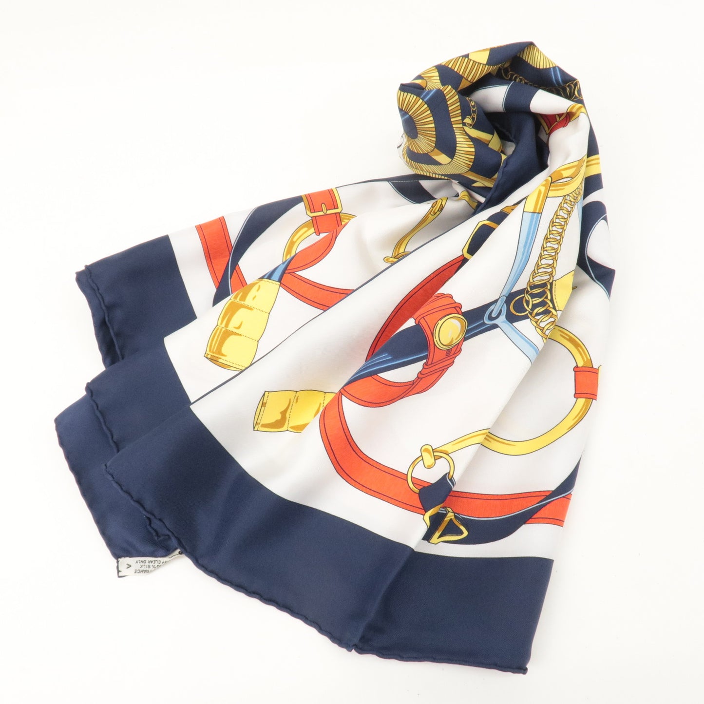 HERMES Carre 90 100% Silk Scarf Eperon d'or Tellier Navy White