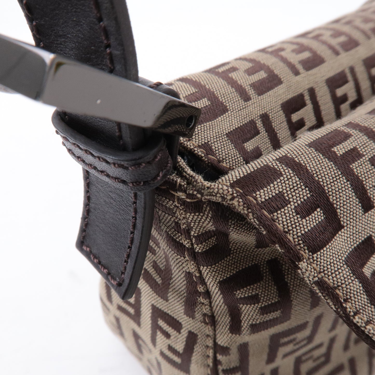 FENDI Zucchino Canvas Leather Shoulder Bag Brown Beige 8BR003