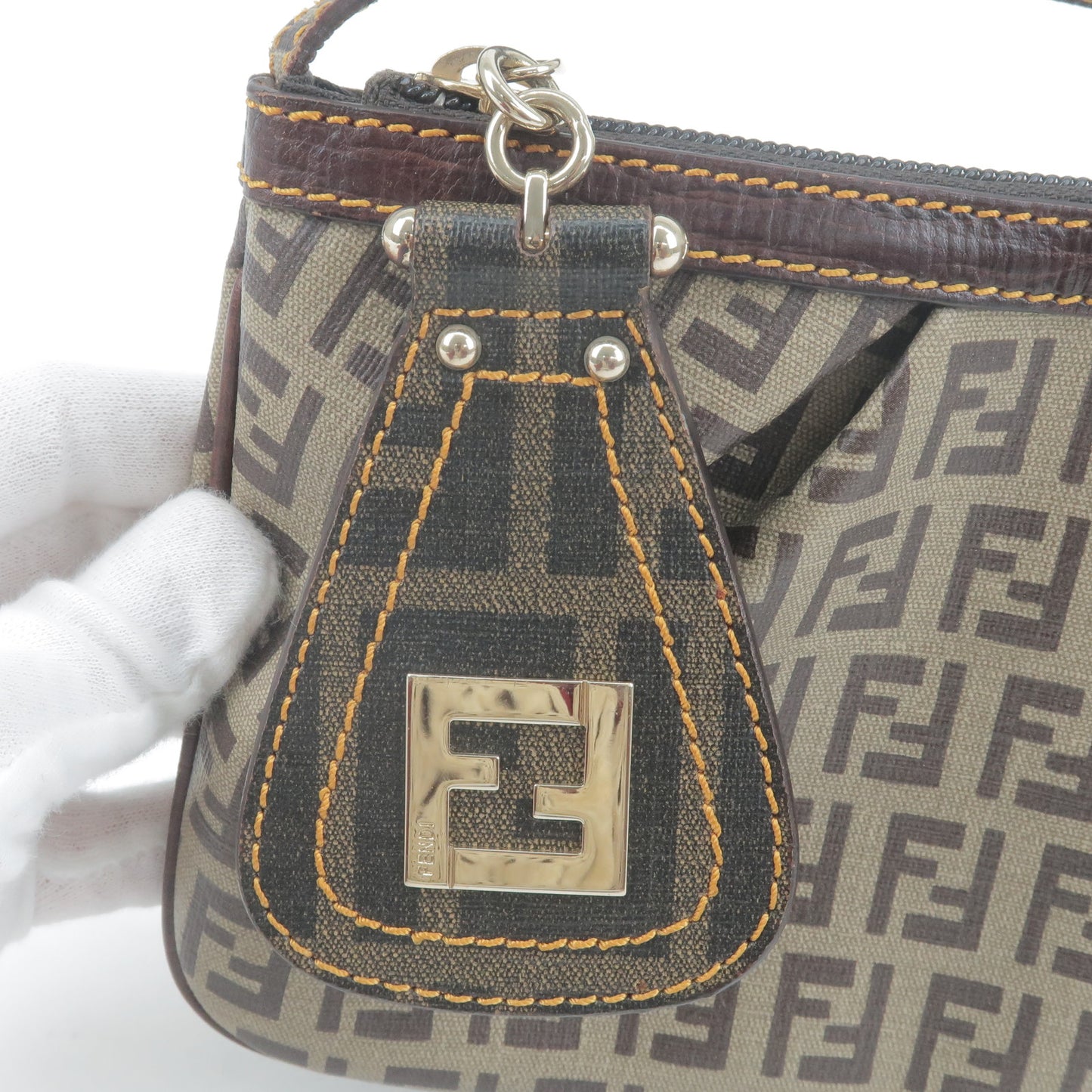 FENDI Zucchino Print PVC Leather Pouch Hand Bag Beige Brown 8BR566
