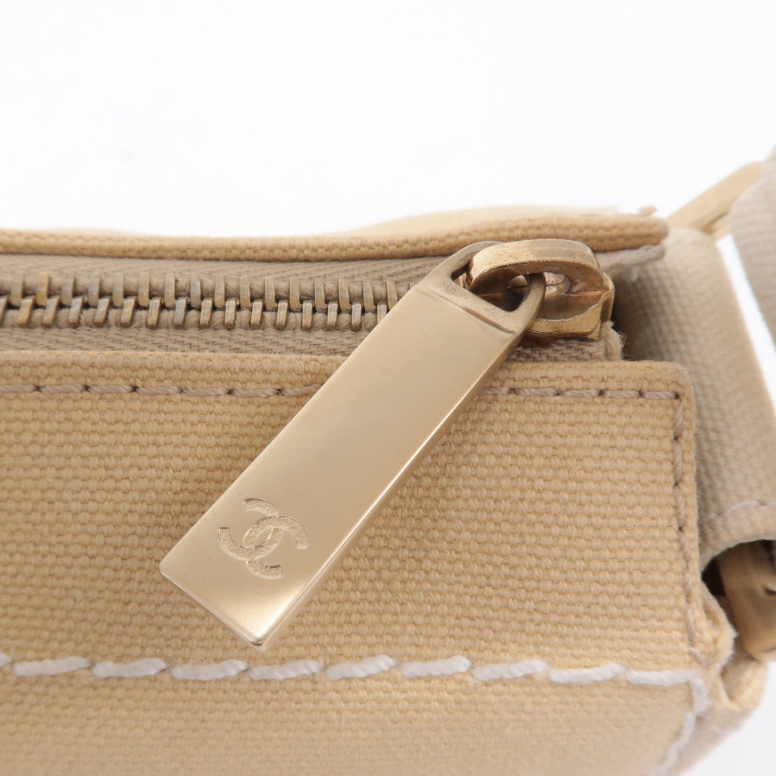 CHANEL Chocolate Bar Canvas Hand Bag Shoulder Bag Beige