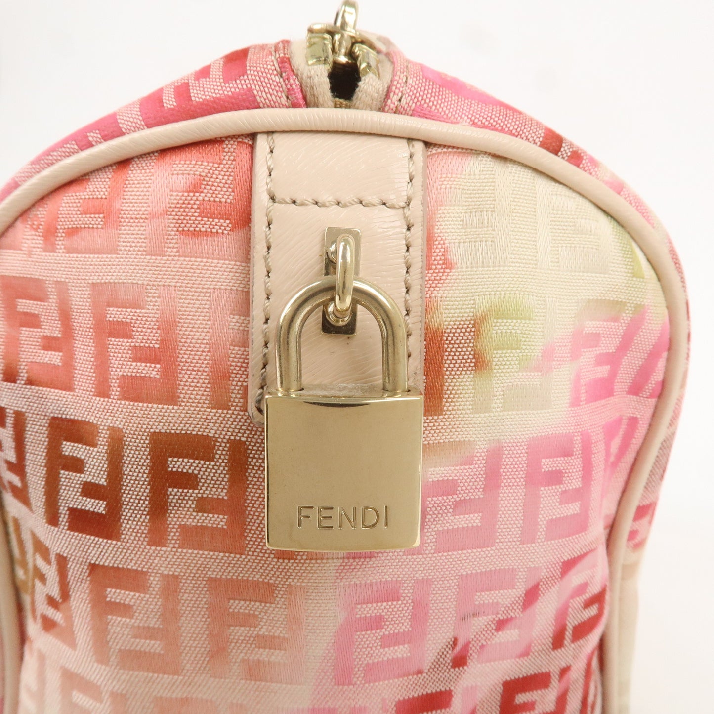 FENDI Zucchino Canvas Mini Boston Bag Ivory Beige Pink 8BL068