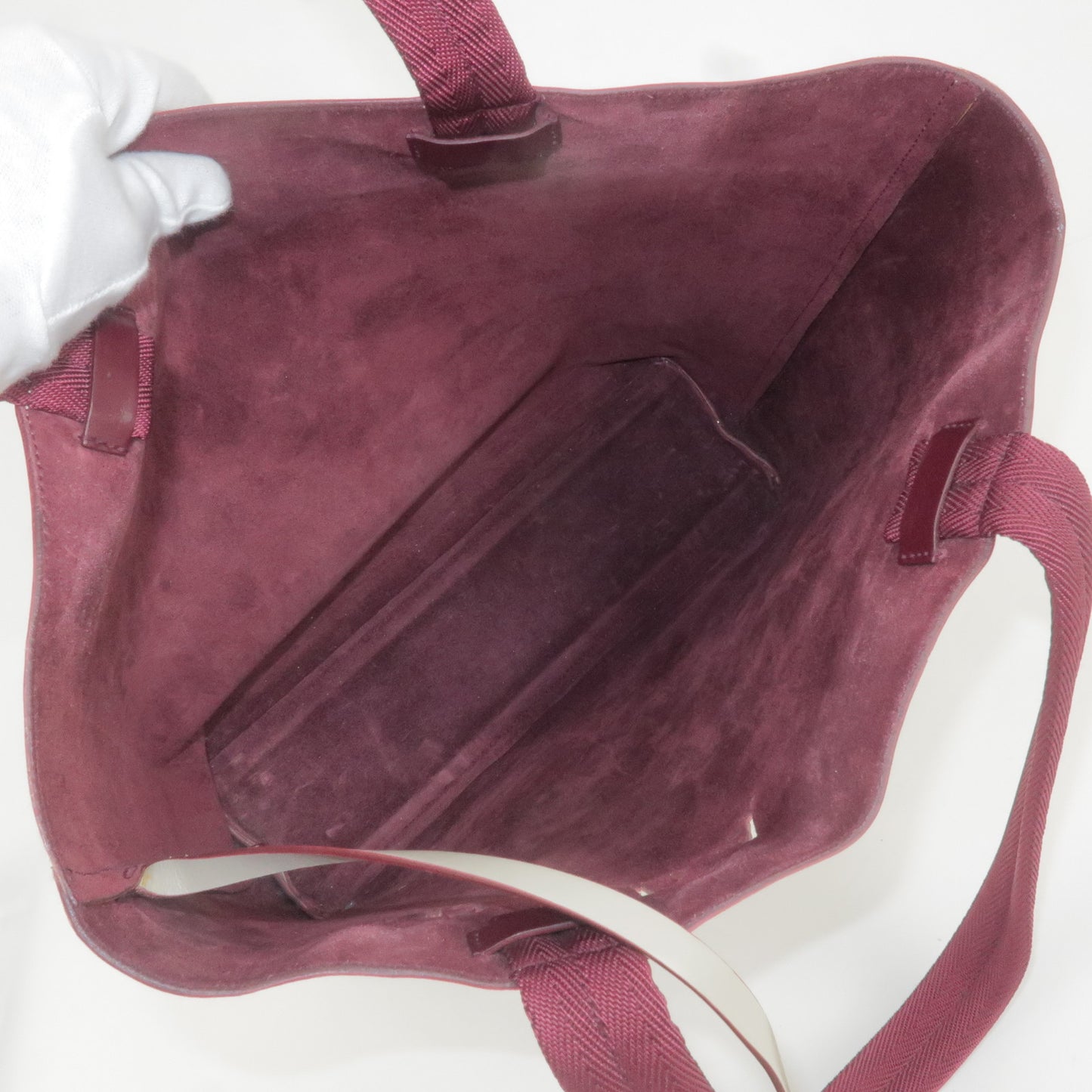 PRADA Leather Canvas Tote Bag Hand Bag Greige Red Wine B10189